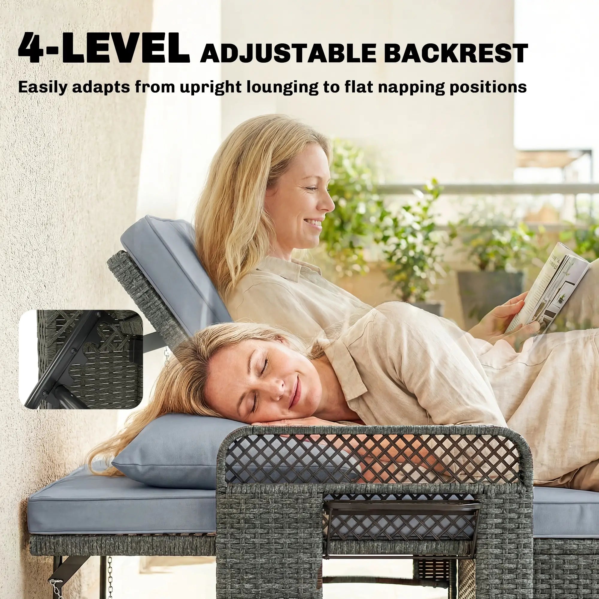 Patio Lounge Chair Set, 2 Pieces With Cushions, Adjustable Backrest, Side Trays Wicker Chaise Loungers at Gallery Canada