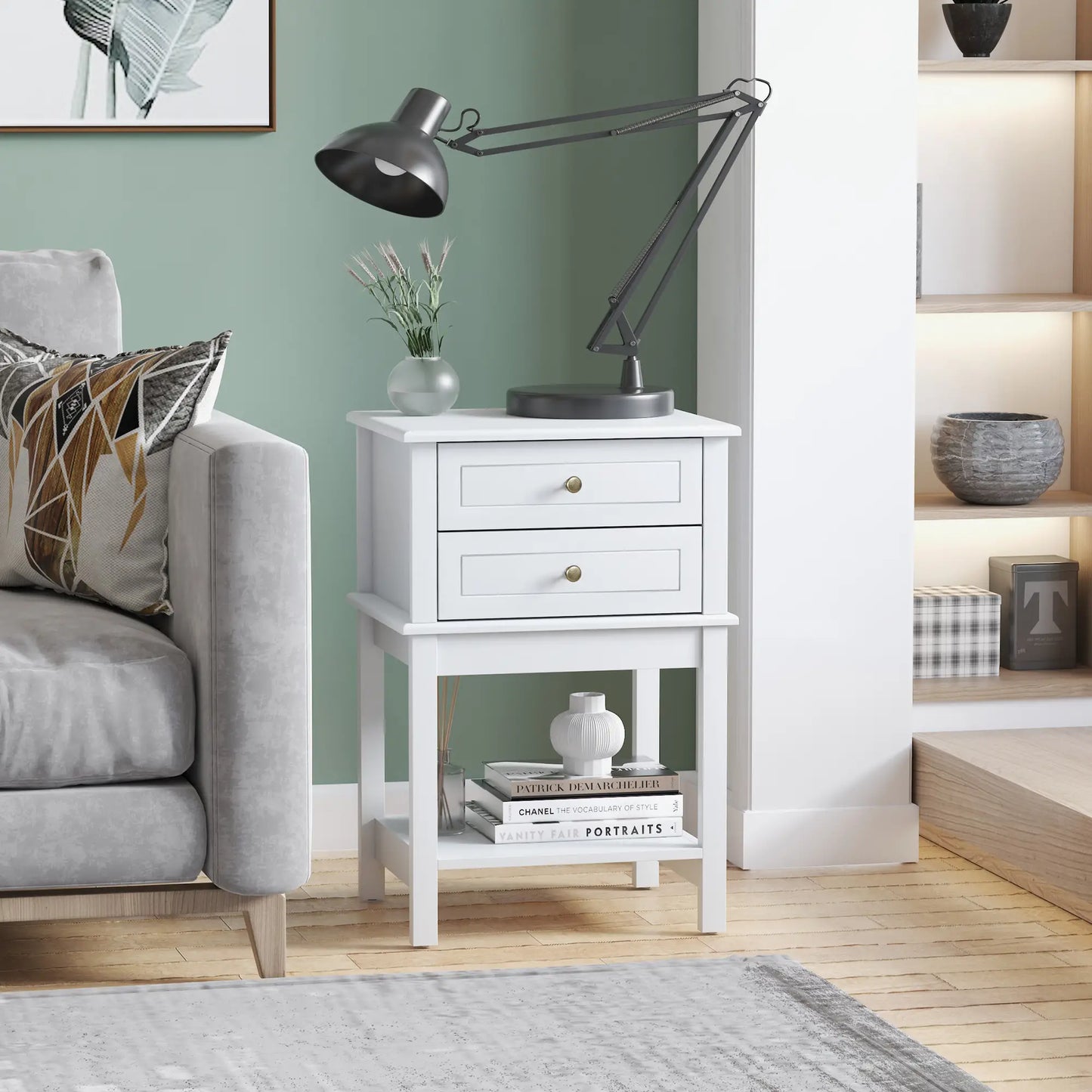 Modern Sofa Side Table with Drawers, Storage Shelf, White Side Tables at Gallery Canada