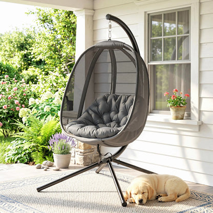 Hanging Egg Chair, Outdoor Swing with Stand, Folding Basket, Grey