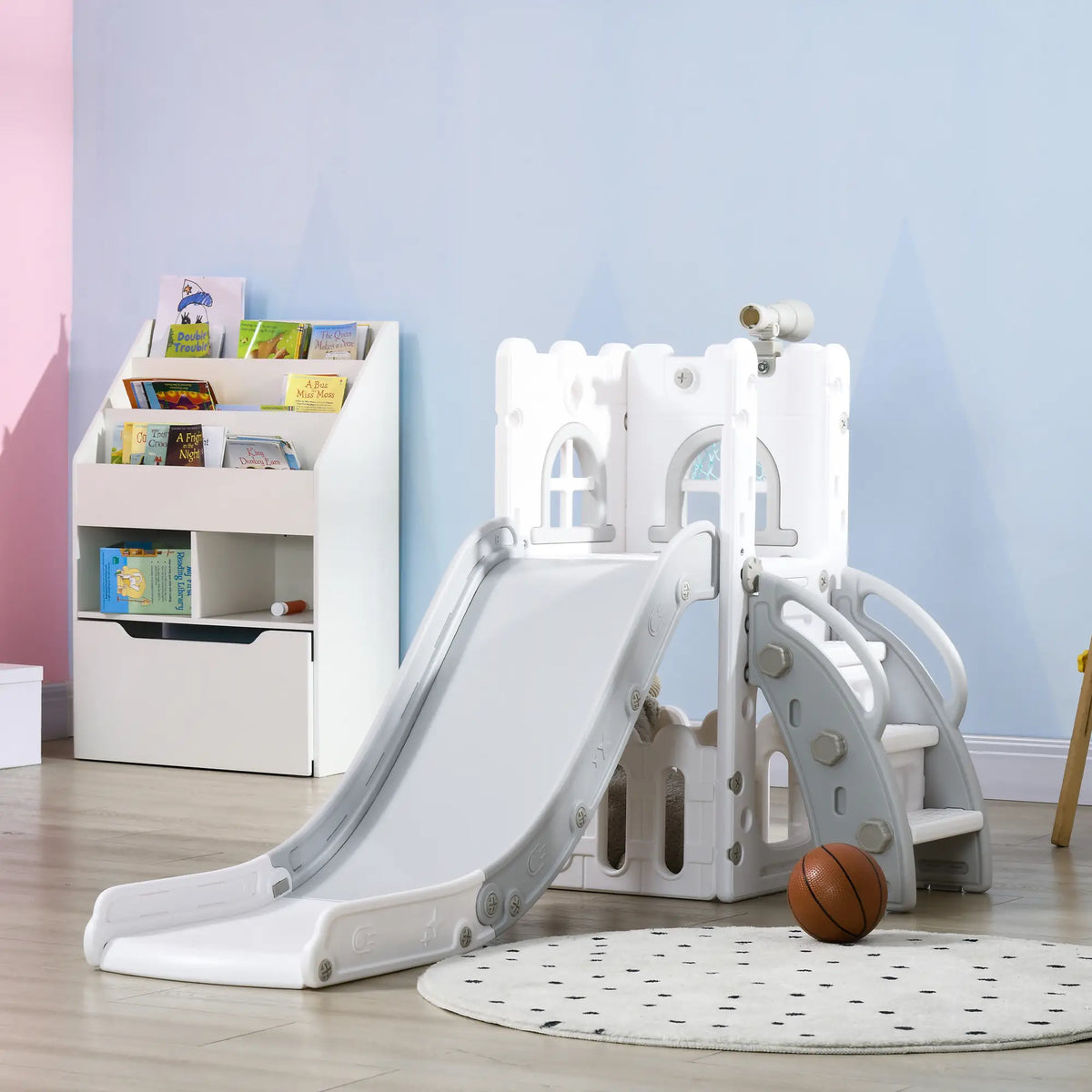 Toddler Slide, Basketball Hoop, Climber, Telescope, Storage Basket, 1-3 Years, Grey