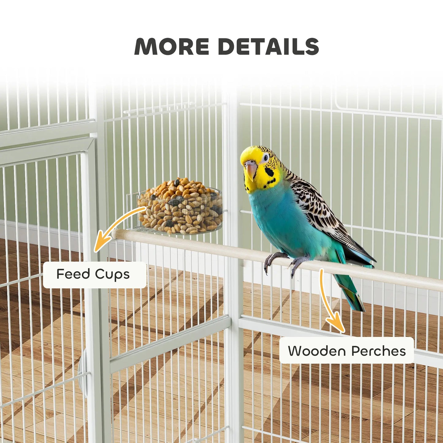 64" Large Rolling Bird Cage With Stand, Shelf, Perch, Food Container, White Bird Cages at Gallery Canada