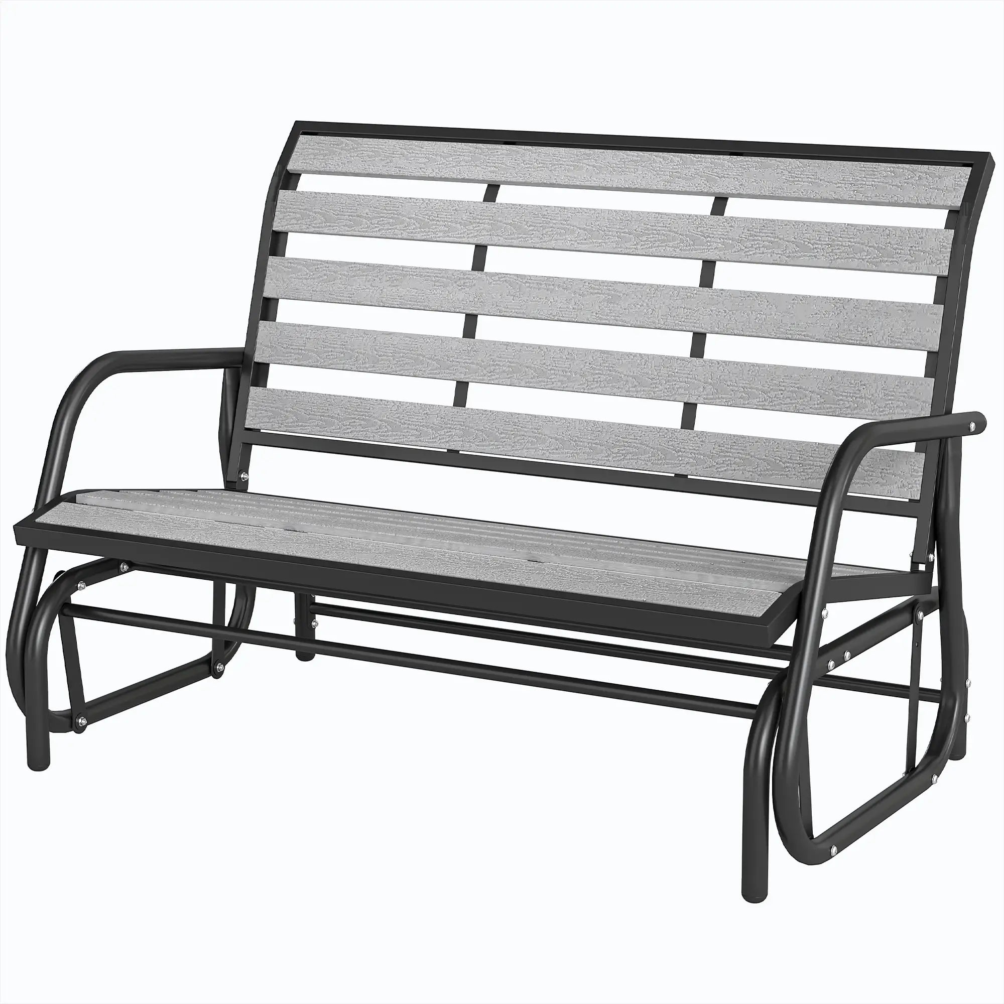 2 Person Outdoor Glider Bench, Steel Frame, Faux Wood Slats, Grey Outdoor Gliders Grey at Gallery Canada