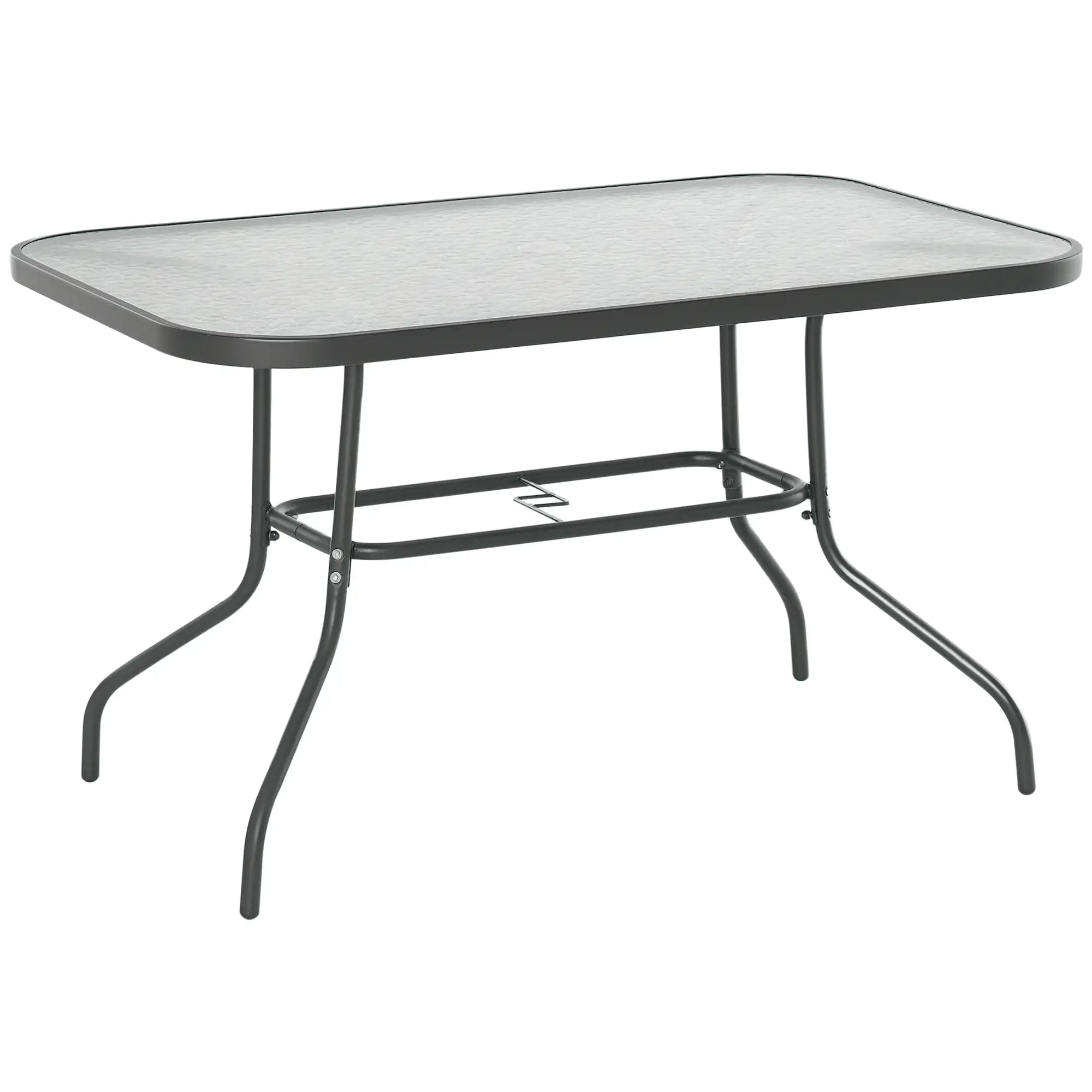 Metal Garden Dining Table, Umbrella Hole, Tempered Glass Top, 47.25