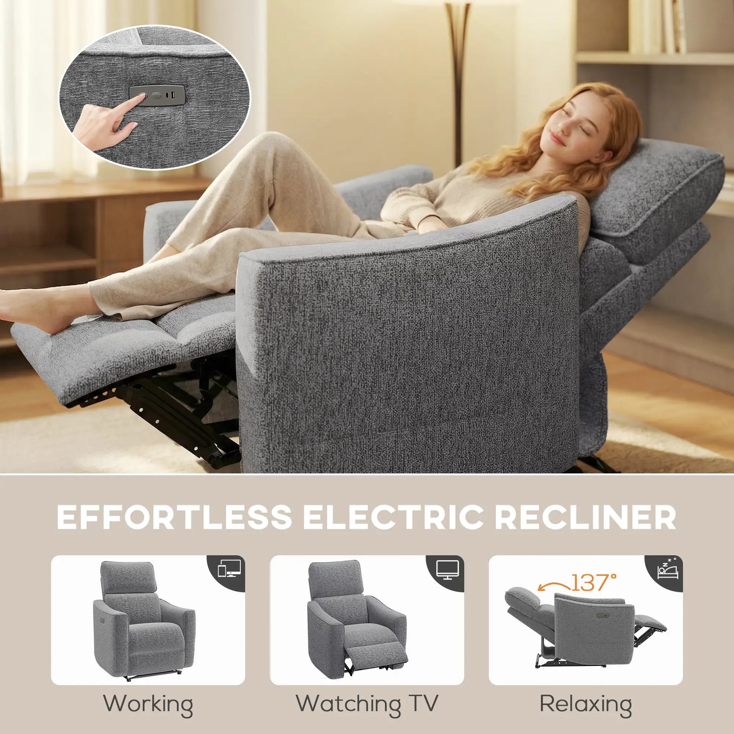 Power Recliner Chair, Linen-Look Fabric, USB Ports, Footrest, Dark Grey Sofas & Reclining Chairs at Gallery Canada