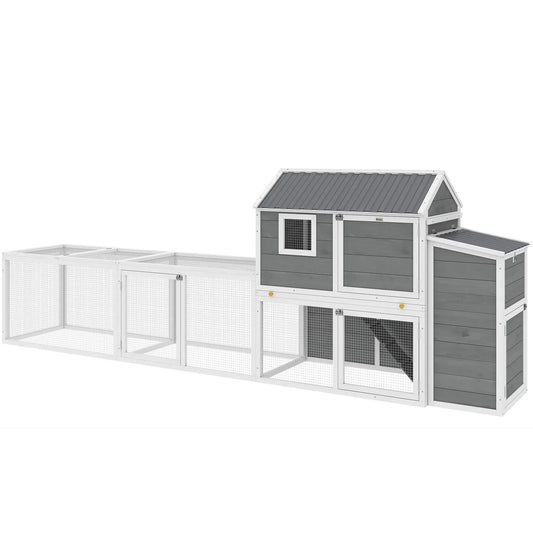Large Chicken Coop, 134"L Wooden House With Run, Nesting Box, Slide-Out Tray Chicken Coops Grey, White, Black at Gallery Canada