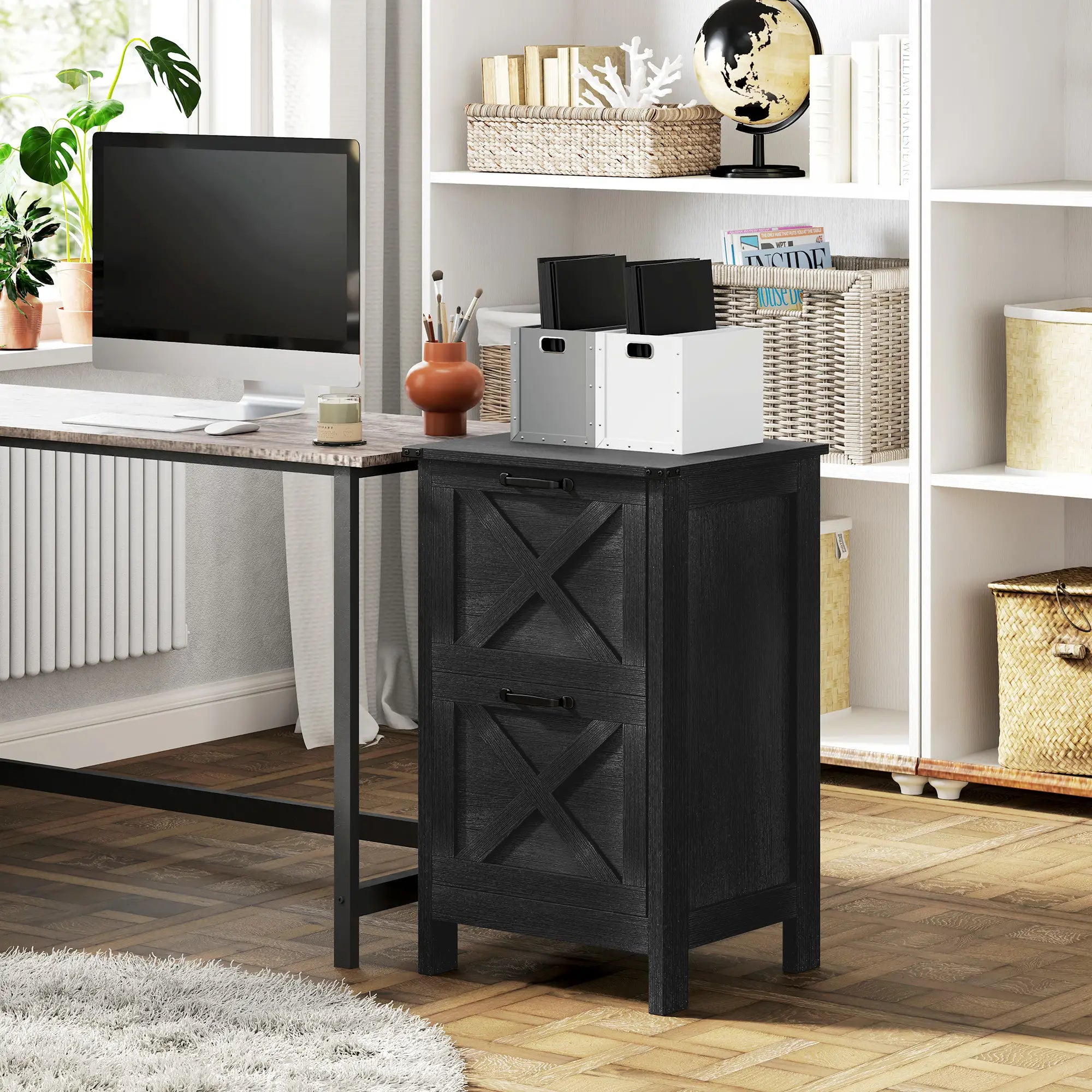 Vertical 2-Drawer Filing Cabinet, Rustic Farmhouse, A4 Letter Size, Distressed Black, Black Office Cabinets & Cupboards at Gallery Canada