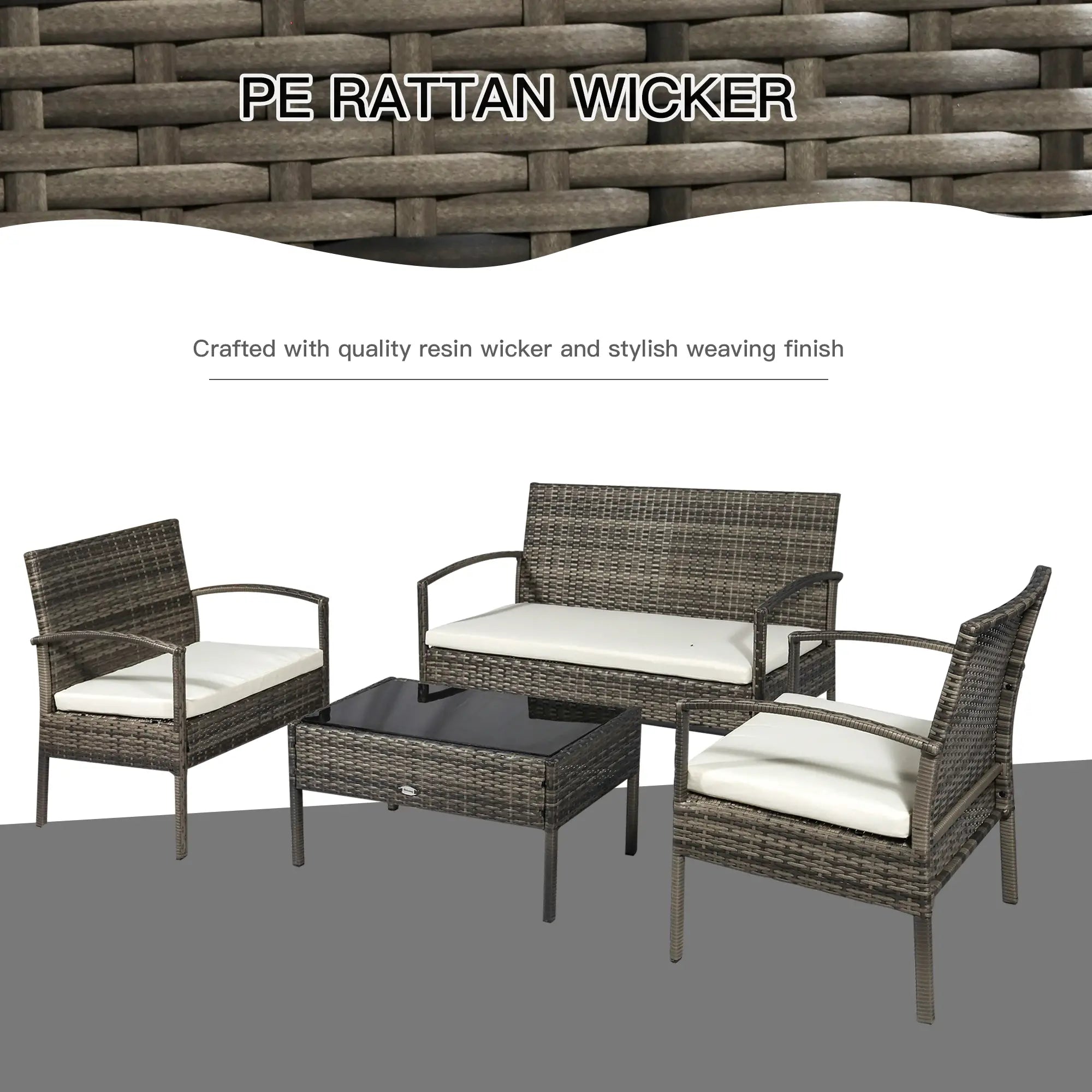 4-Piece Patio Set, Loveseat, 2 Armchairs, Coffee Table, PE Rattan, Cushions, Grey, Cream Patio Furniture Sets at Gallery Canada