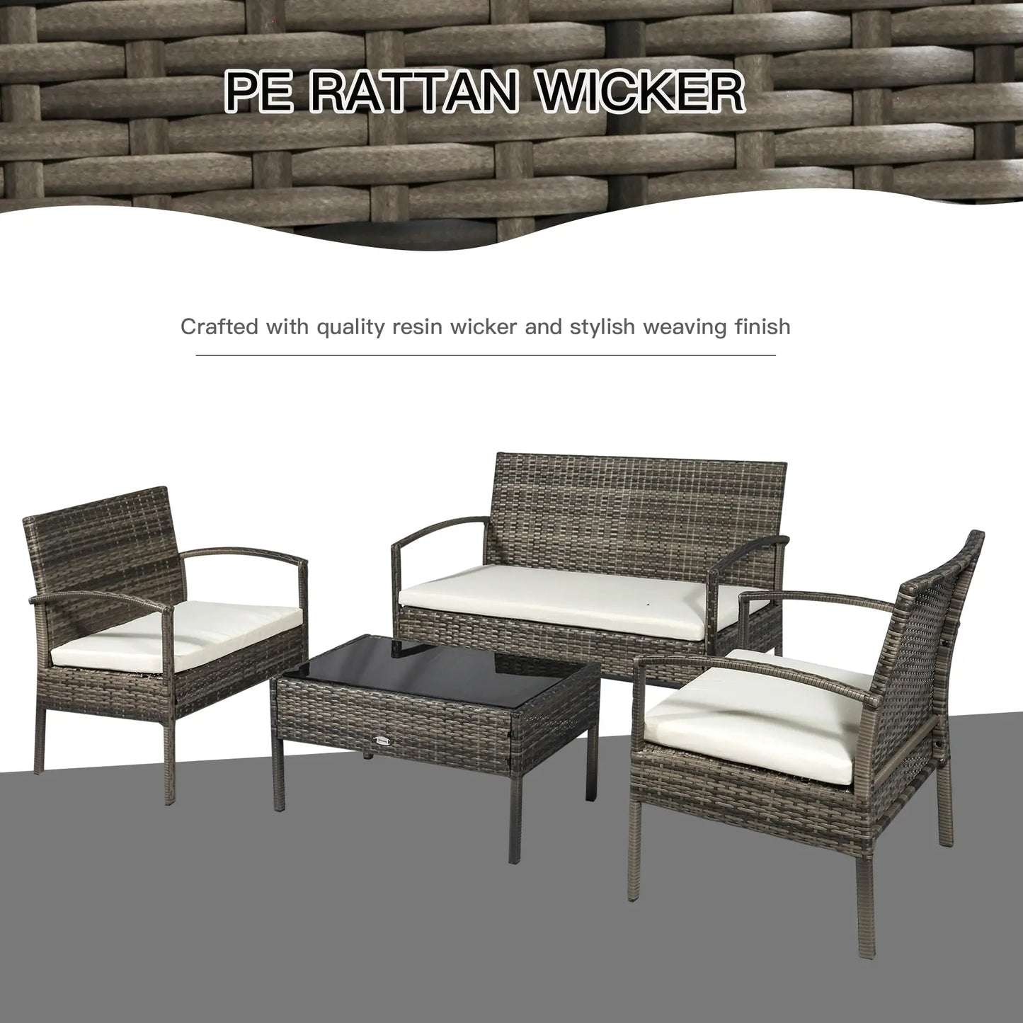 4-Piece Patio Set, Loveseat, 2 Armchairs, Coffee Table, PE Rattan, Cushions, Grey, Cream Patio Furniture Sets at Gallery Canada