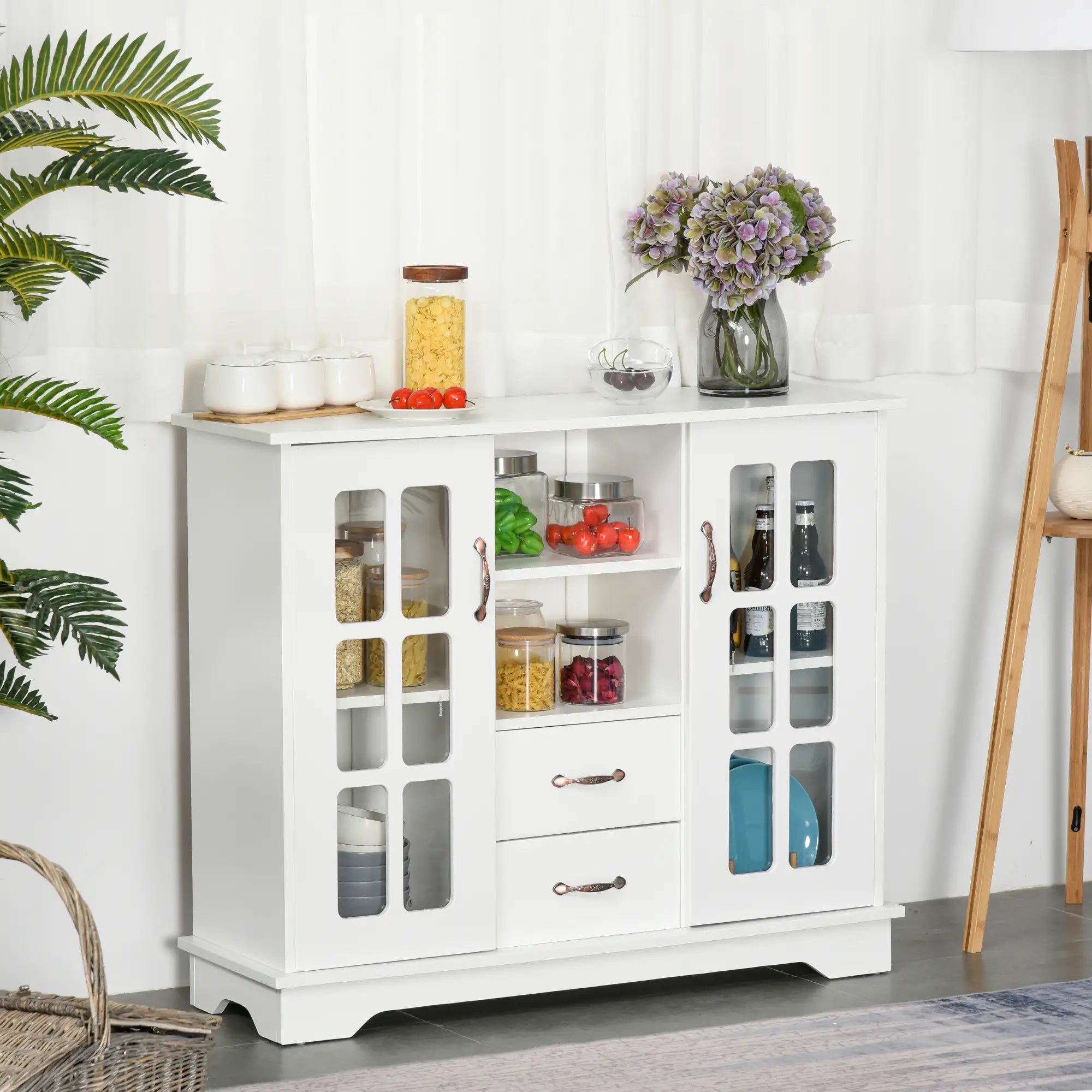 Modern Kitchen Sideboard, 2 Drawers, Coffee Bar Cabinet, Glass Doors, White Bar Cabinets at Gallery Canada