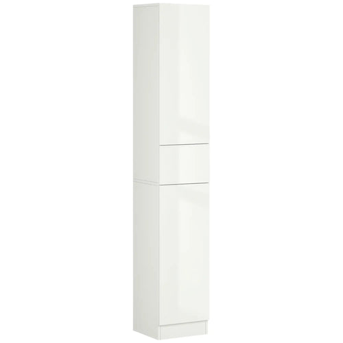 Tall Narrow Bathroom Cabinet with Doors, Drawer, Adjustable Shelves, High Gloss, White