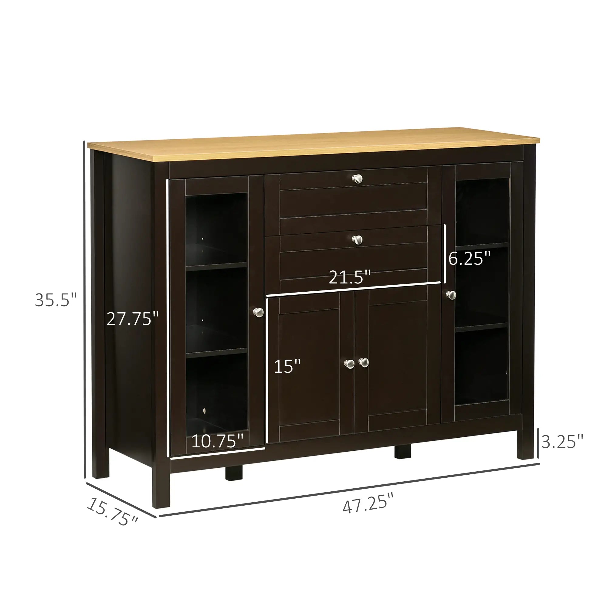 Buffet Cabinet Sideboard, 2 Drawers, 3 Storage Cabinets, Glass Doors, Dark Brown Bar Cabinets at Gallery Canada