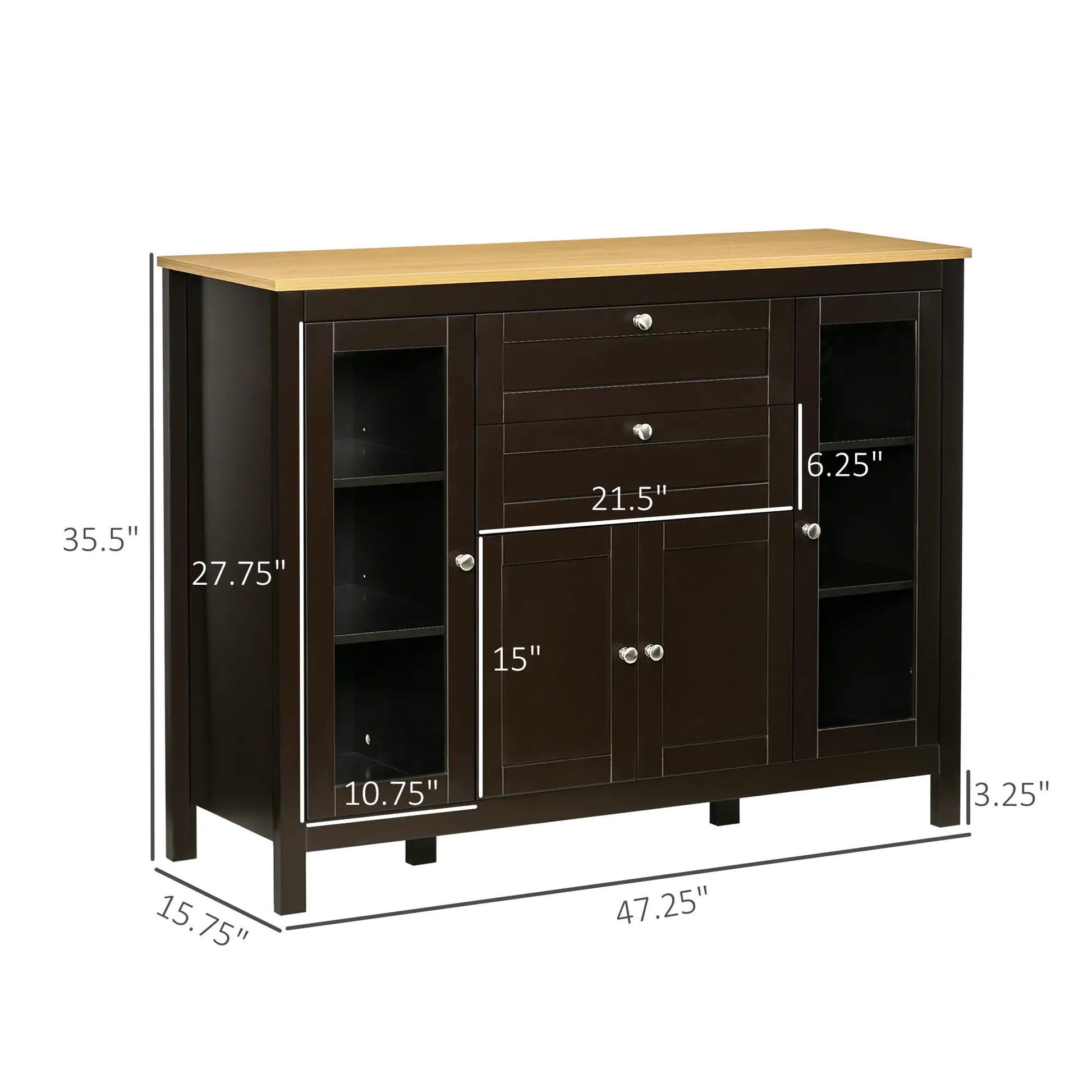 Buffet Cabinet Sideboard, 2 Drawers, 3 Storage Cabinets, Glass Doors, Dark Brown Bar Cabinets at Gallery Canada