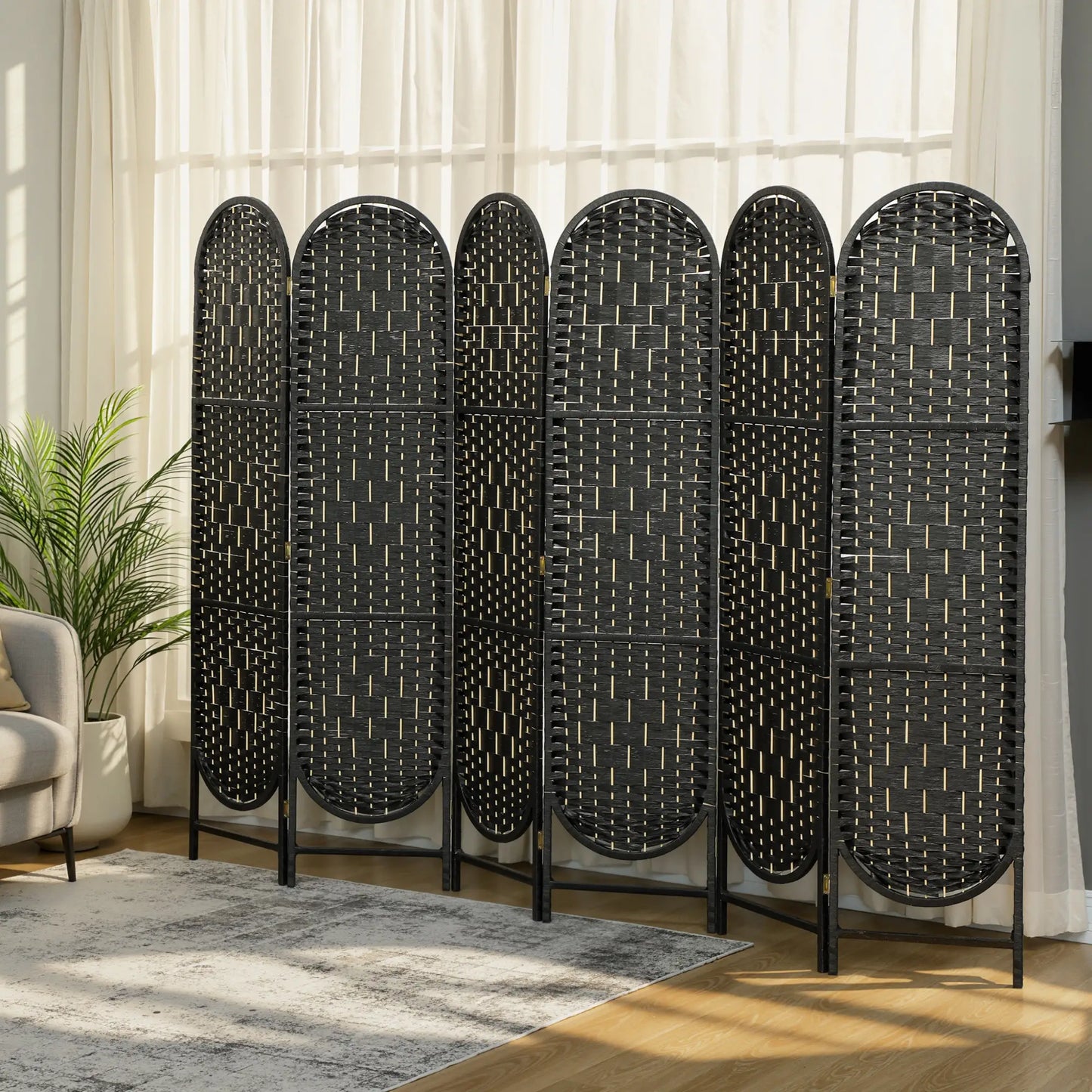 Bohemian Privacy Screen, 6 Panel Folding Room Divider, Arched Top, Black Room Dividers at Gallery Canada