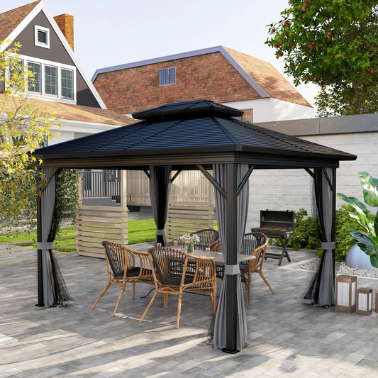 10' x 12' Hardtop Gazebo, Sun Shelter, Metal Roof, Mosquito Net, Light Grey Gazebos Light Grey at Gallery Canada