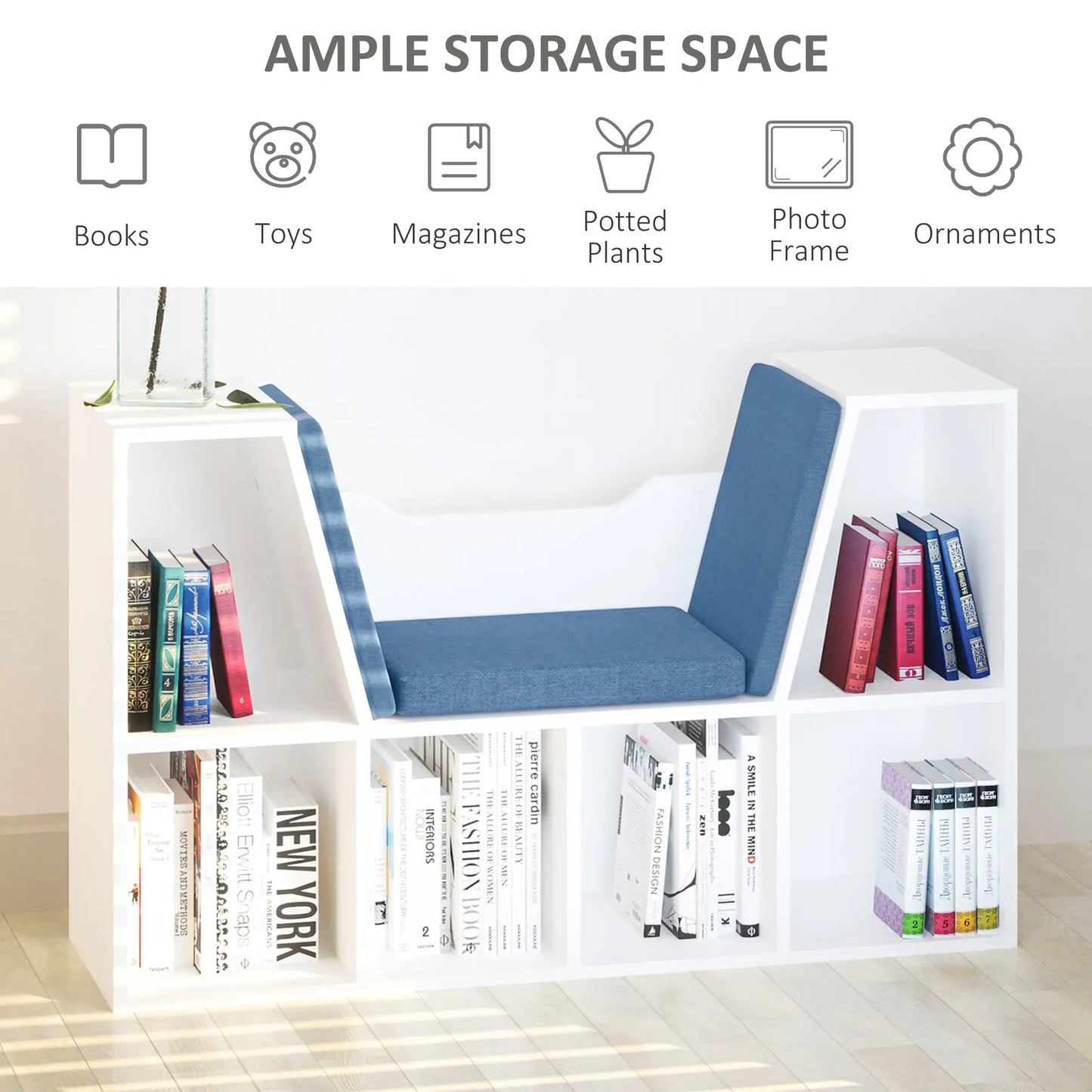 6-Cubby Bookcase with Seat Cushion, Cube Storage Shelf, Blue White Bookshelves at Gallery Canada