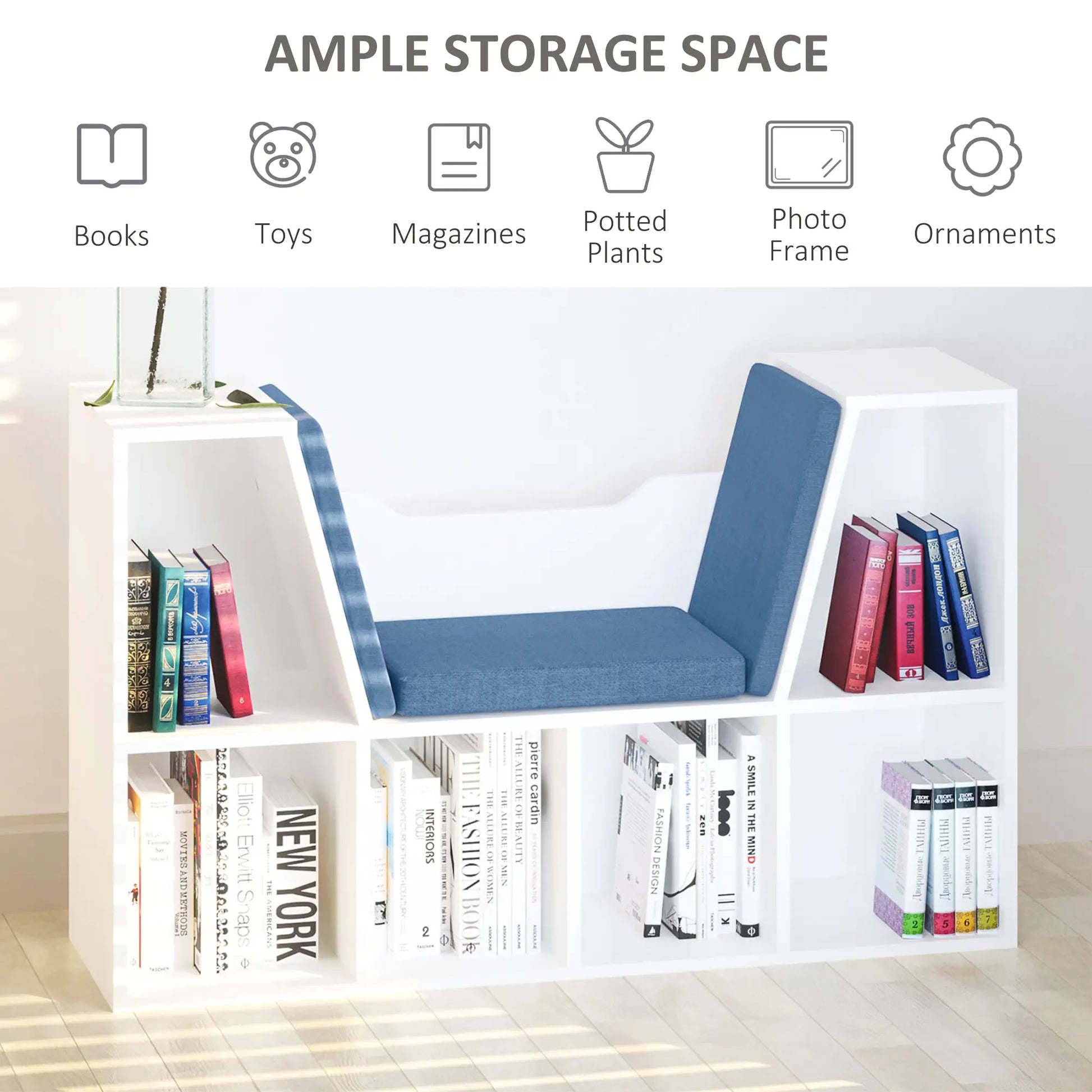 6-Cubby Bookcase with Seat Cushion, Cube Storage Shelf, Blue White Bookshelves at Gallery Canada