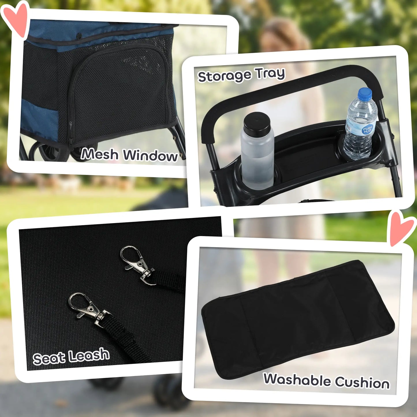 Foldable Pet Stroller for Small Dogs and Cats with 4 Wheels, Mesh Windows, Brake, Removable Pad, Storage Tray, Dark Blue Dog Bike Trailers & Strollers at Gallery Canada