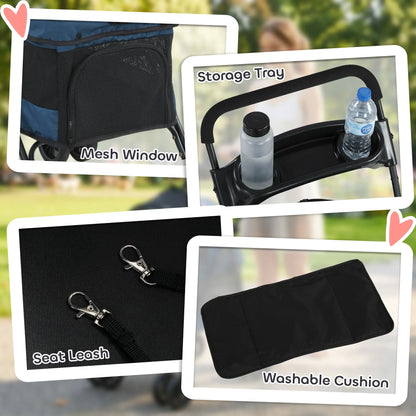 Foldable Pet Stroller for Small Dogs and Cats with 4 Wheels, Mesh Windows, Brake, Removable Pad, Storage Tray, Dark Blue Dog Bike Trailers & Strollers at Gallery Canada