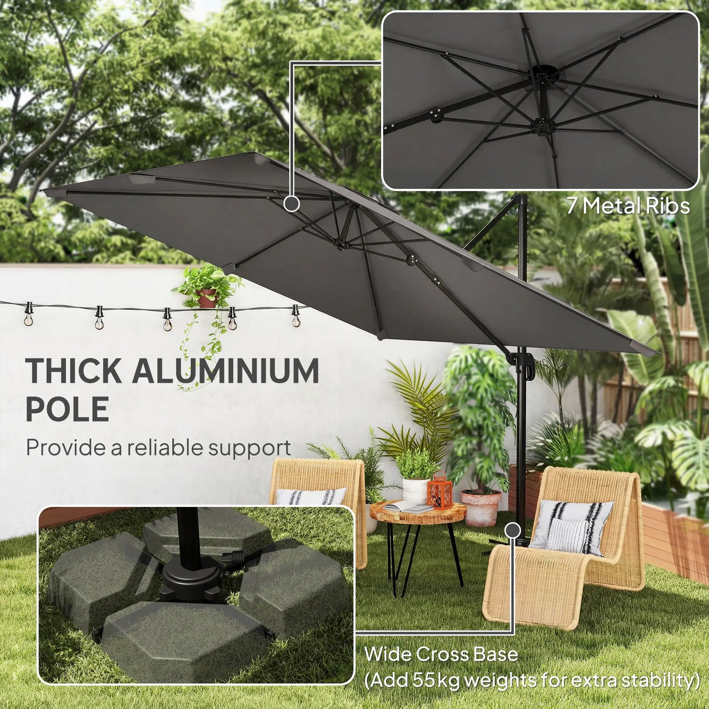 10 FT Square Patio Umbrella, Crank Handle, Cross Base, Tilt, 360° Rotation Offset Cantilever Umbrellas at Gallery Canada