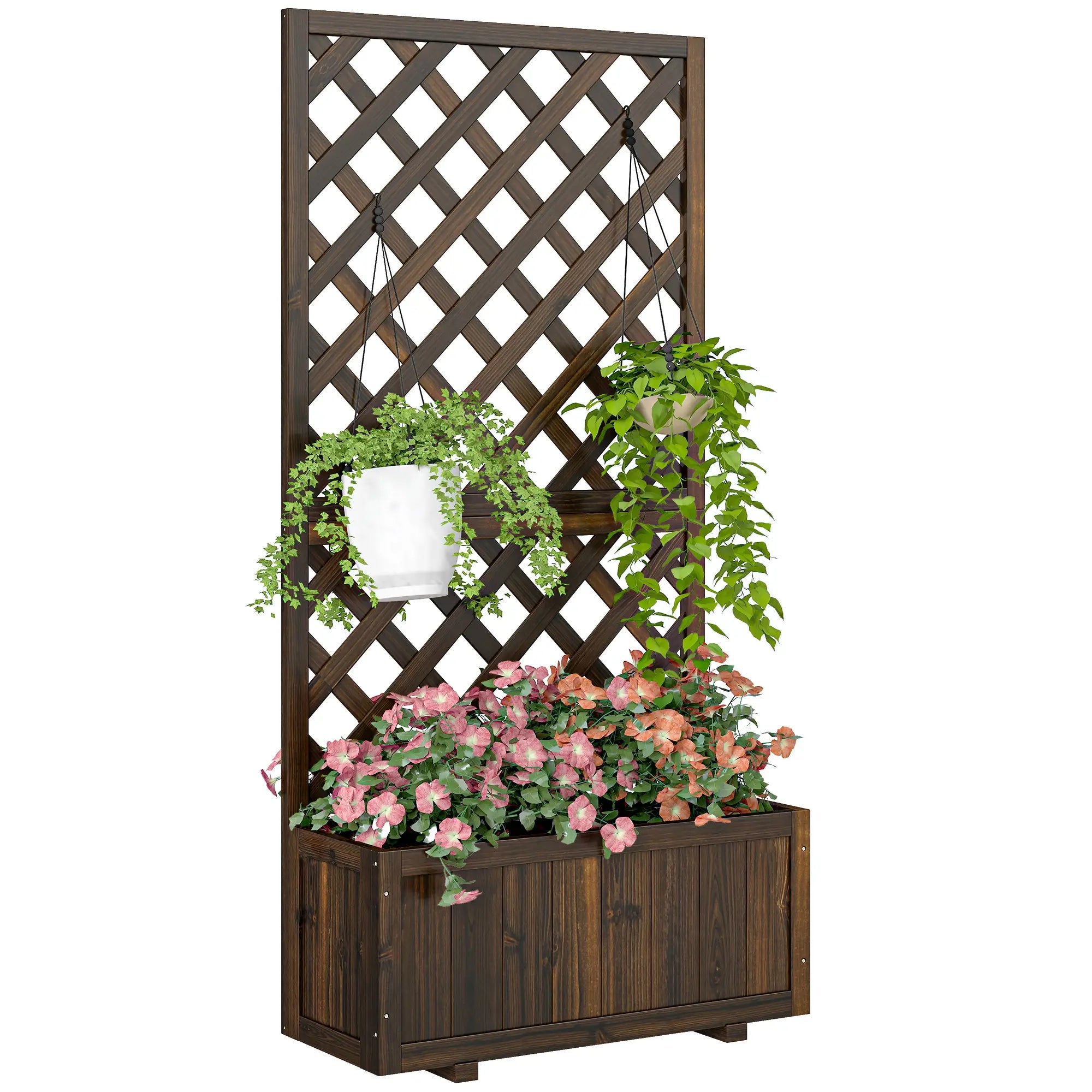 2.4 x 1 x 4.9 ft Wooden Pine Trough Planter with Trellis, Carbonized Wooden Planter Boxes Carbonized at Gallery Canada