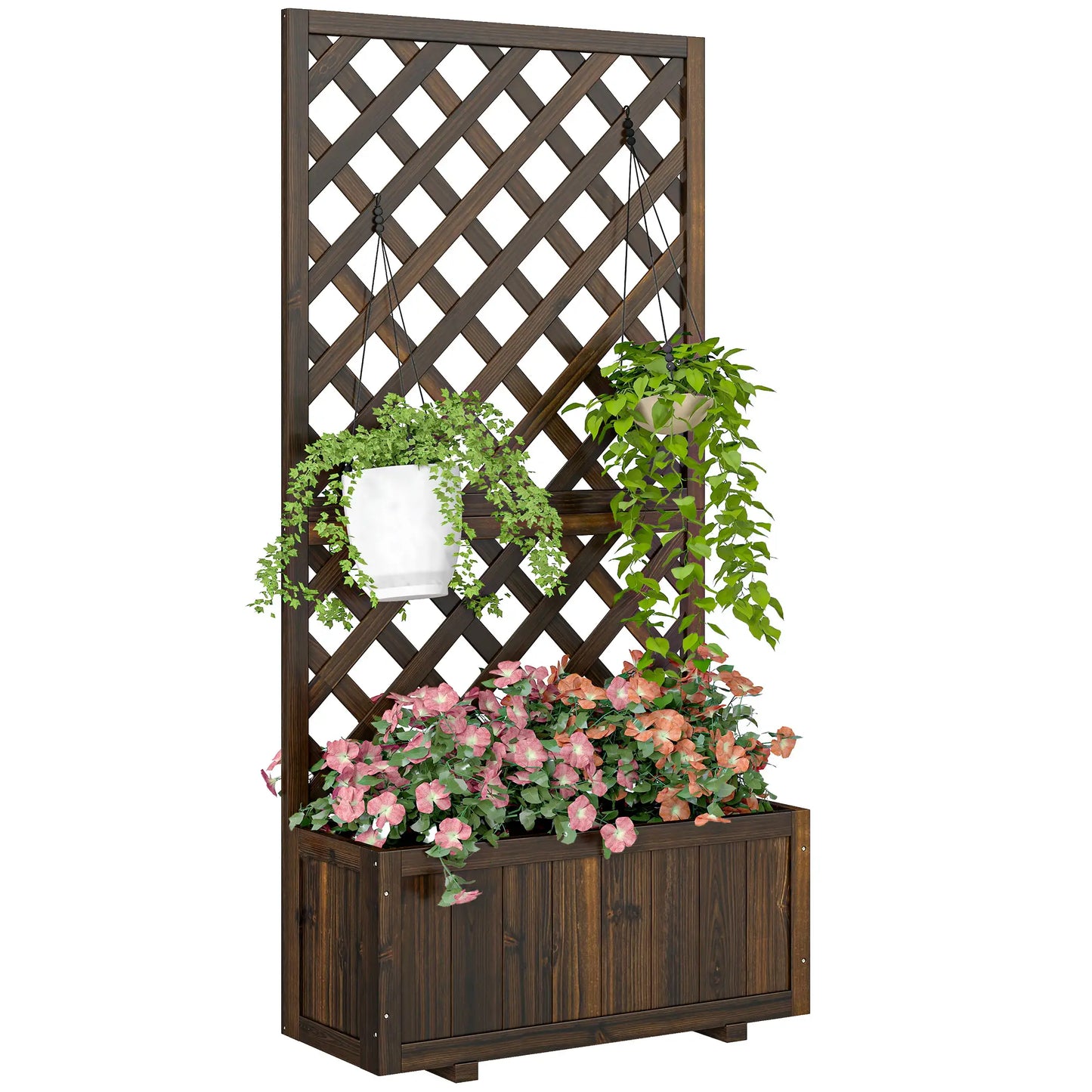 2.4 x 1 x 4.9 ft Wooden Pine Trough Planter with Trellis, Carbonized Wooden Planter Boxes Carbonized at Gallery Canada