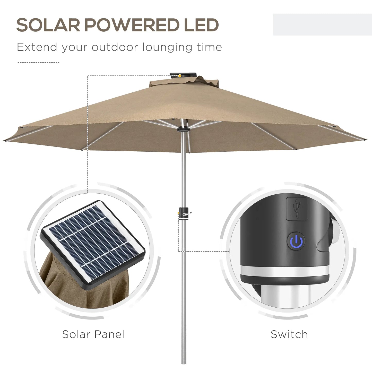 LED Patio Umbrella, Solar & USB Charging, 4 Lighting Modes, Khaki Sun Umbrellas at Gallery Canada