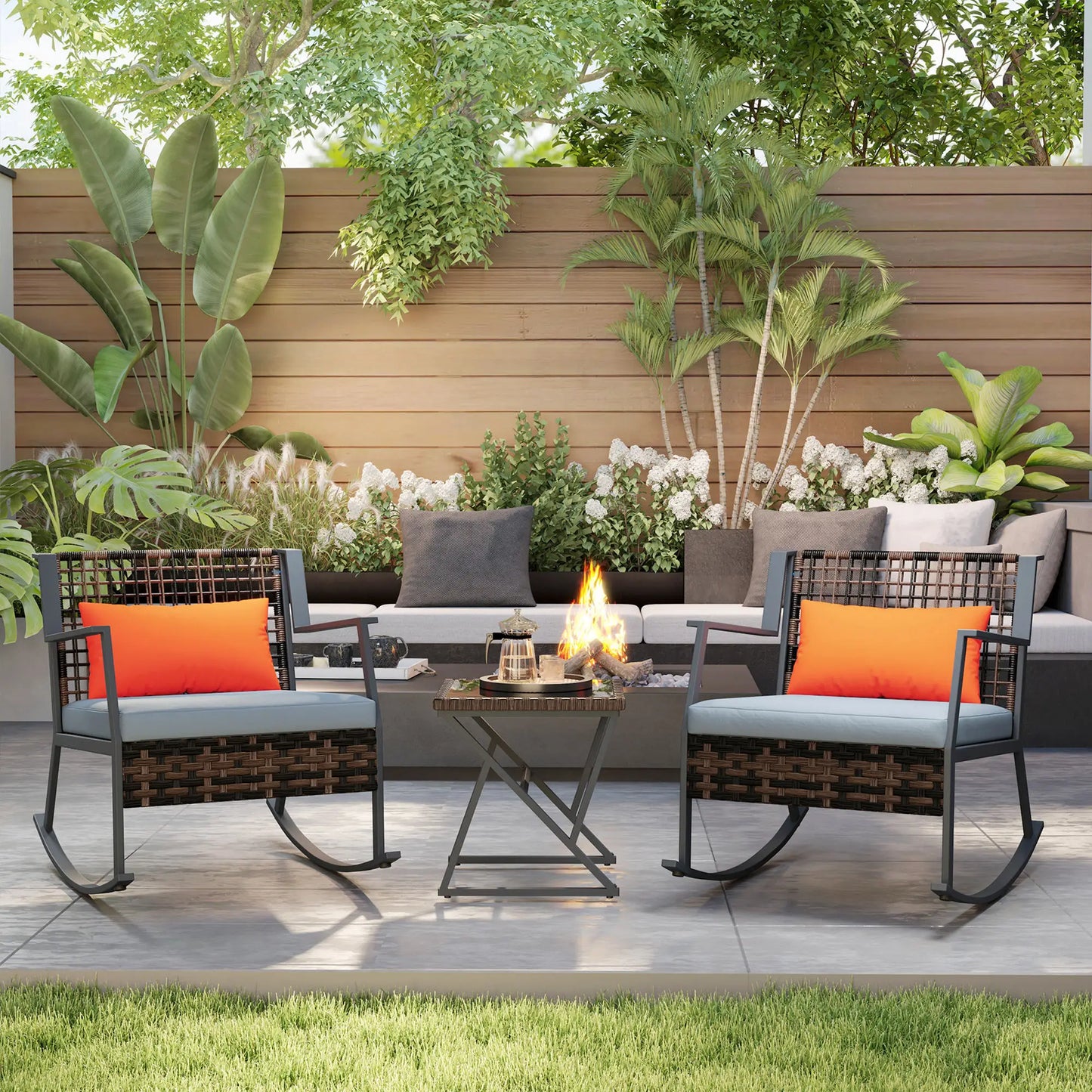 3 Pc Rocking Bistro Set, Wicker Patio Furniture with Cushions, Glass Table, Grey Outdoor Rocking Chairs at Gallery Canada