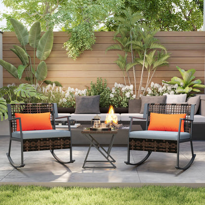 3 Pc Rocking Bistro Set, Wicker Patio Furniture with Cushions, Glass Table, Grey Outdoor Rocking Chairs at Gallery Canada
