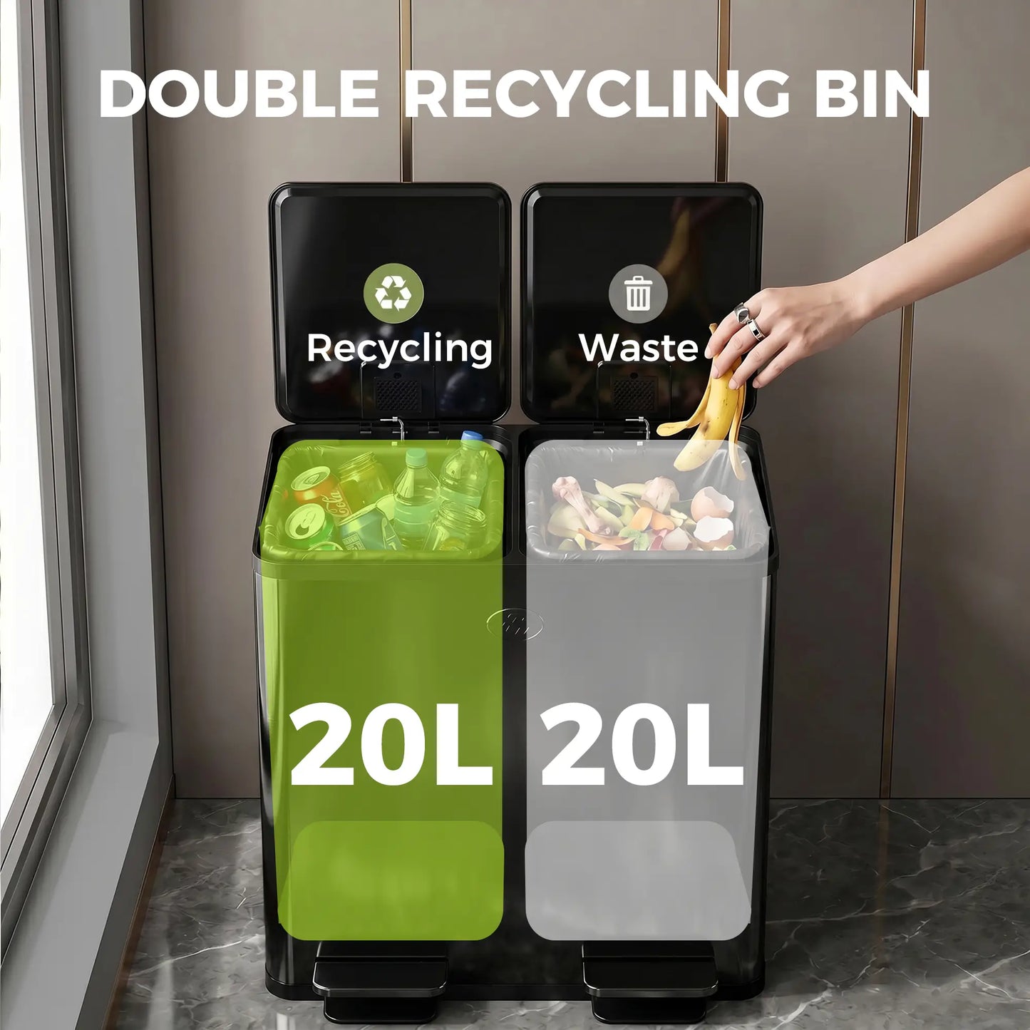 Dual Garbage Bin, Soft-Close Trash Can with Foot Pedal, 2 x 20 Liter Garbage Can with Removable Inner Buckets, Black Household Supplies at Gallery Canada