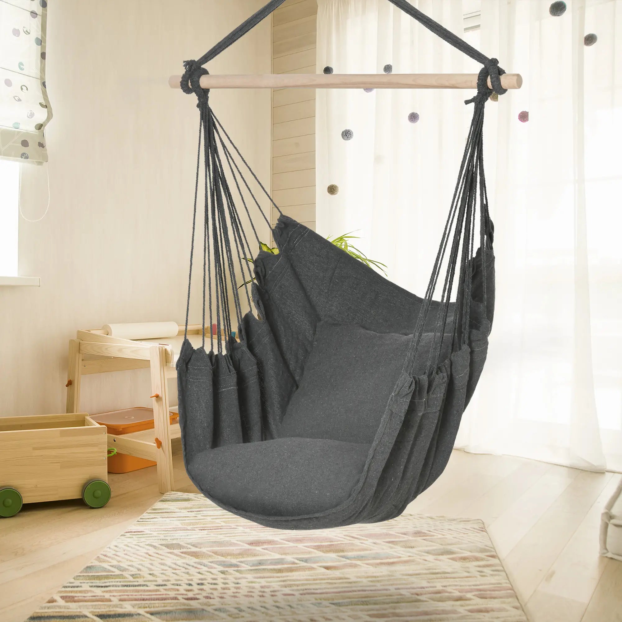 Hanging Macrame Chair, Cotton w/ Two Cushions, Dark Grey Hammock Swings at Gallery Canada