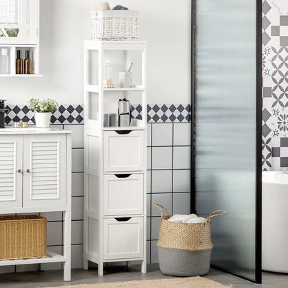Narrow Bathroom Cabinet, 3 Drawers, 2 Tier Shelf, Tall Cupboard, White Bathroom Cabinets at Gallery Canada