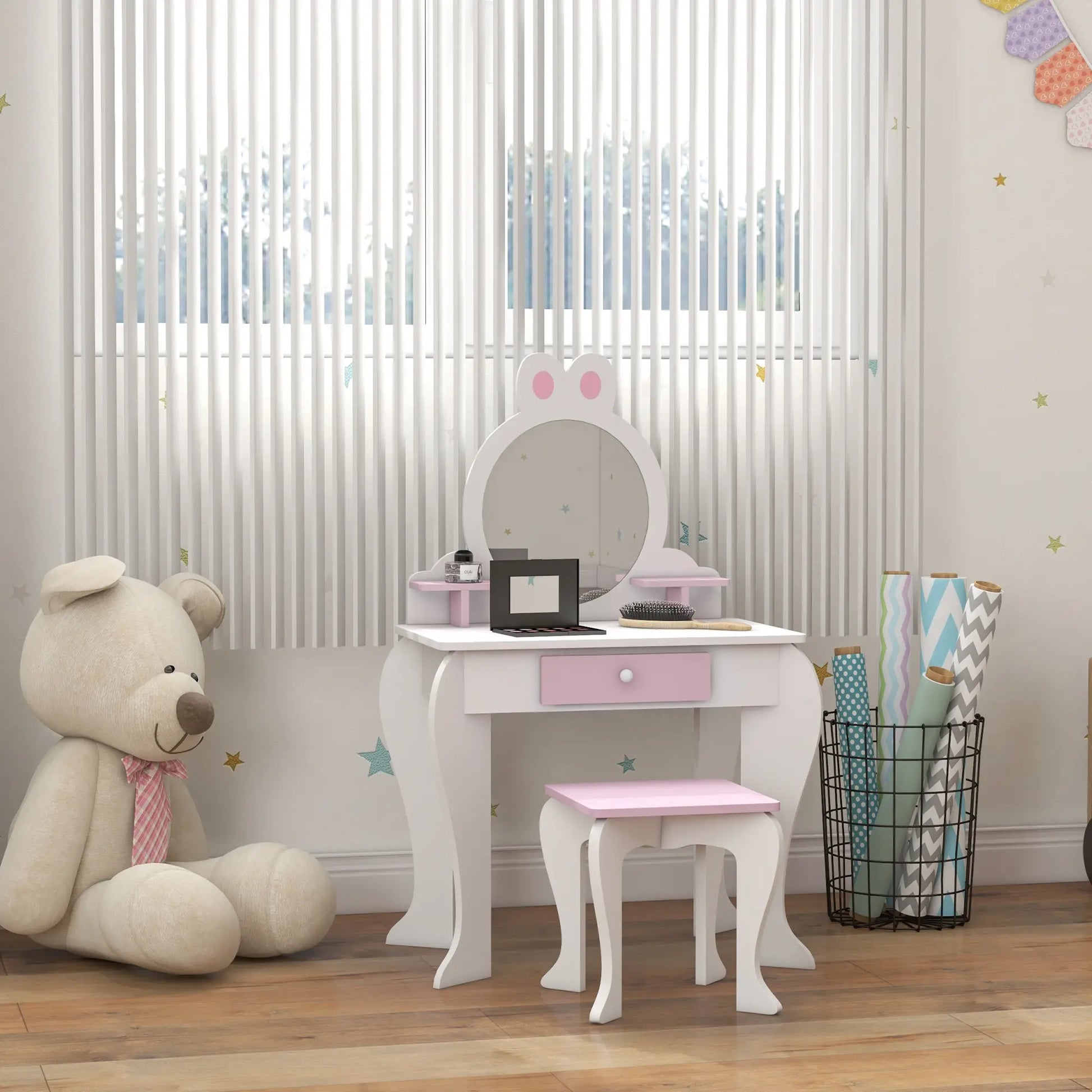 Kids Makeup Vanity Set with Stool, Mirror, Drawer, White Toy Vanity at Gallery Canada