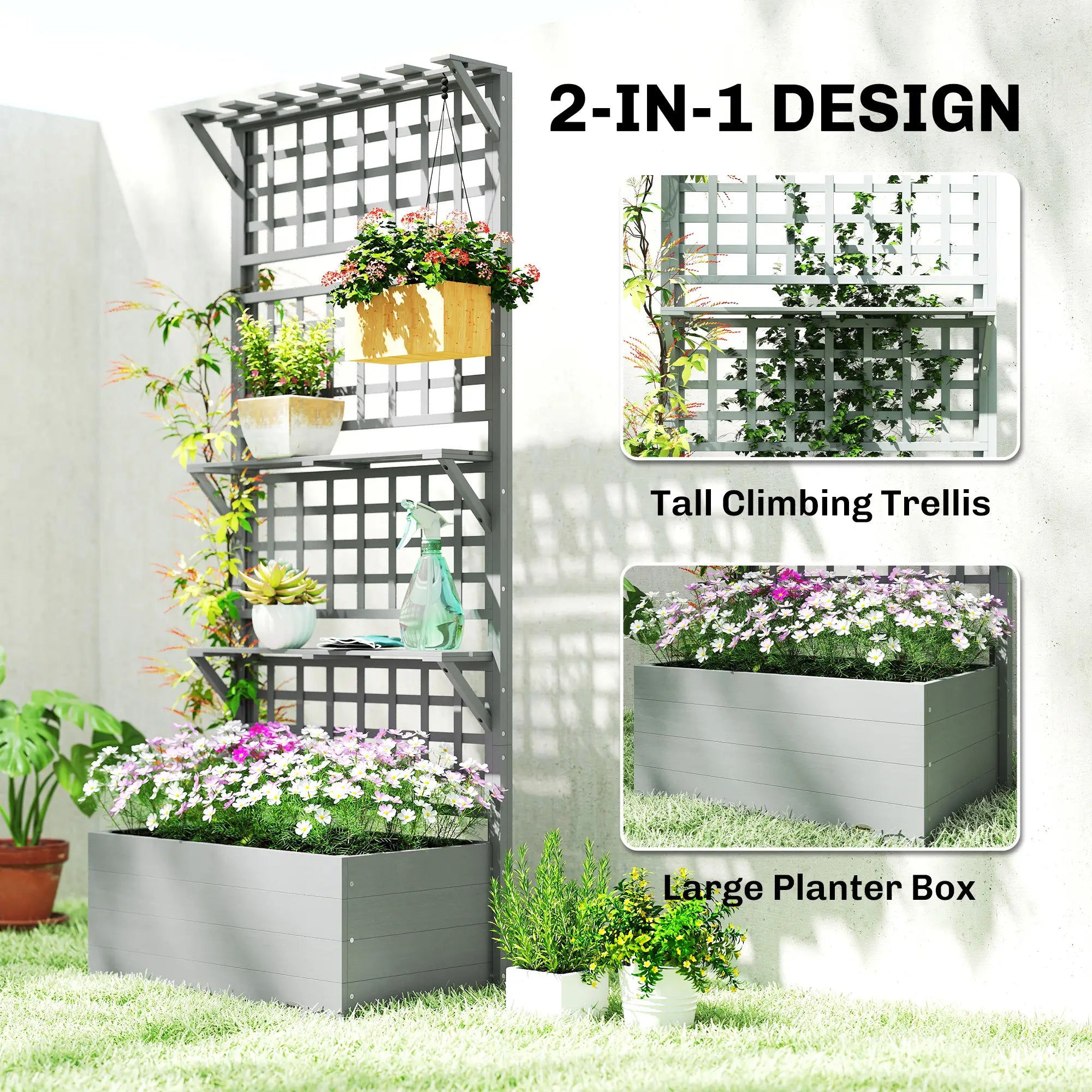 Wooden Raised Garden Bed With Trellis, Roof, 2 Shelves, Grey Wooden Planter Boxes at Gallery Canada