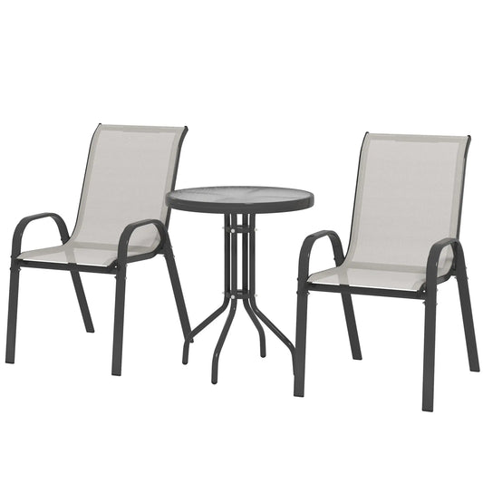 3 Piece Bistro Set, Small Patio Furniture, Stackable Mesh Chairs, Glass Table, Light Grey Bistro Sets Light Grey, Black at Gallery Canada