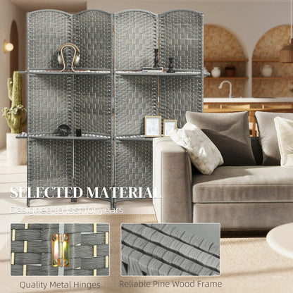 6 FT Privacy Screen, 4 Panel Room Divider With Shelves, Grey