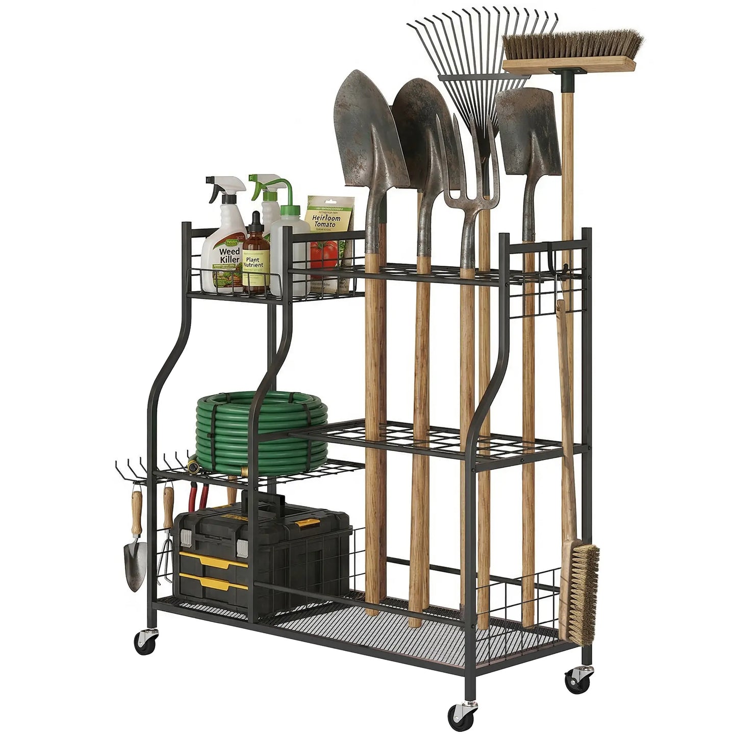 3-Tier Garden Tool Organizer, 74 Slots, 4 Wheels, 11 Hooks Garden Accessories Black at Gallery Canada