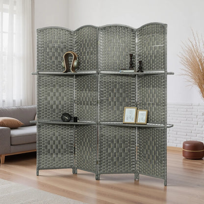 6 FT Privacy Screen, 4 Panel Room Divider With Shelves, Grey