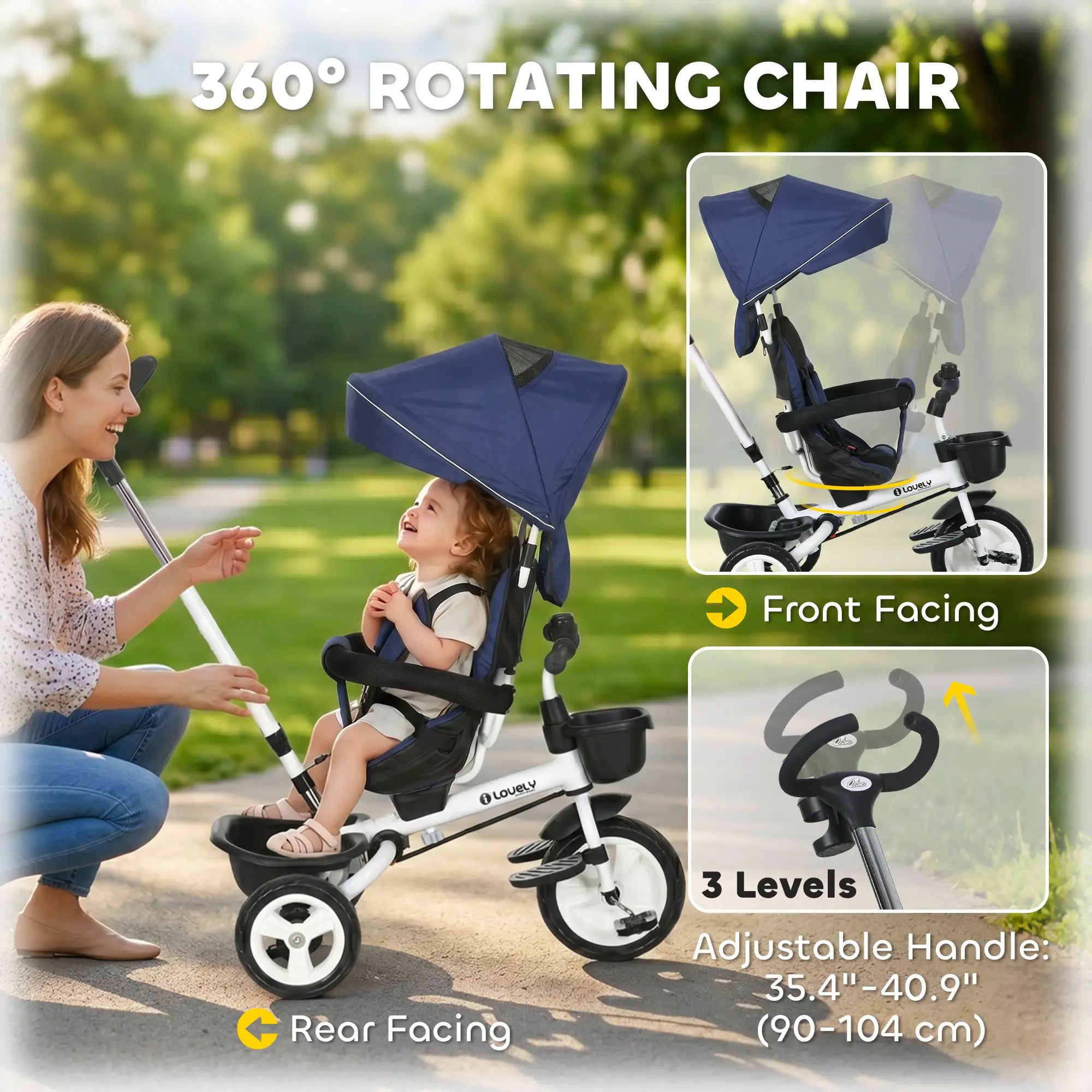 6 in 1 Toddler Tricycle, Parent Push Handle, Canopy, Storage Baskets, Dark Blue Tricycles for Kids at Gallery Canada