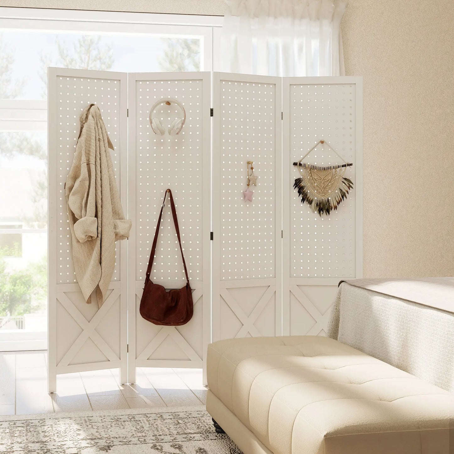 56.9" Wooden Room Divider, 4 Panel Folding Privacy Screen, White Room Dividers at Gallery Canada