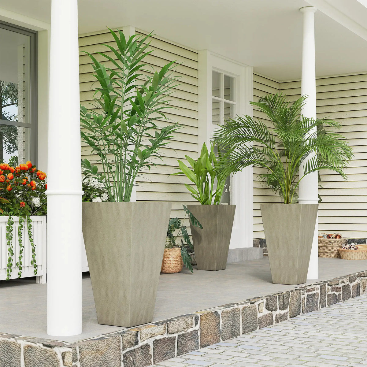 28" Tall Garden Plastic Planters, Set of 3, Indoor Outdoor, Mixed Grey, Grey