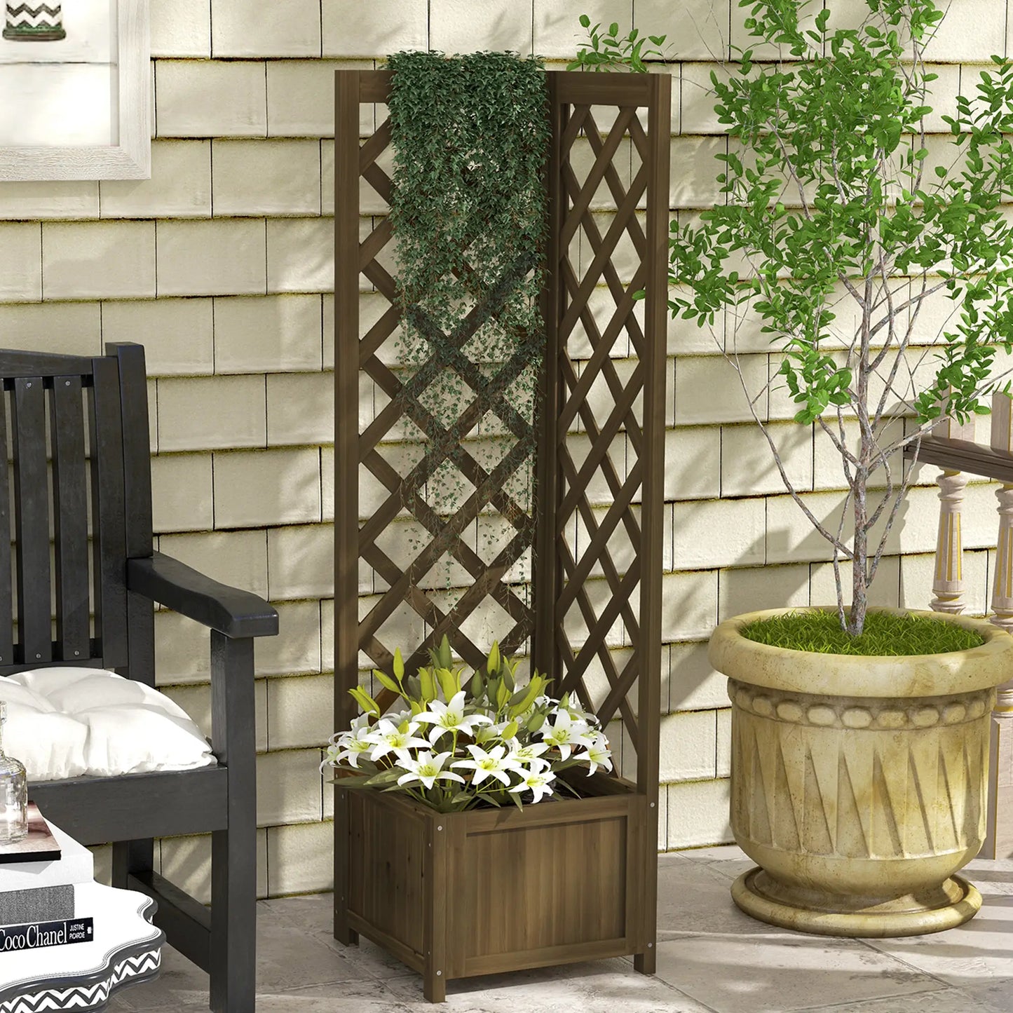 Raised Garden Bed Wood Planter With Trellis, 16" x 16" x 57", Carbonized Wooden Planter Boxes at Gallery Canada