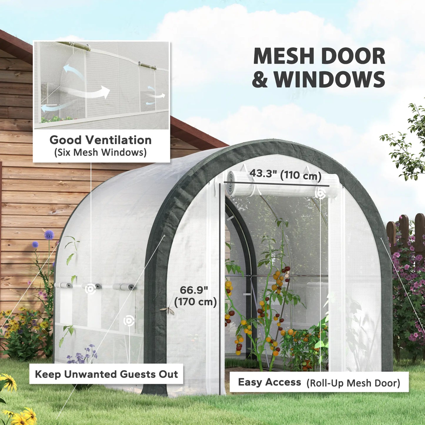 10'x6.6'x6.6' Tunnel Greenhouse, Mesh Door, Windows, Plant Labels, Gloves, White Tunnel Greenhouses at Gallery Canada