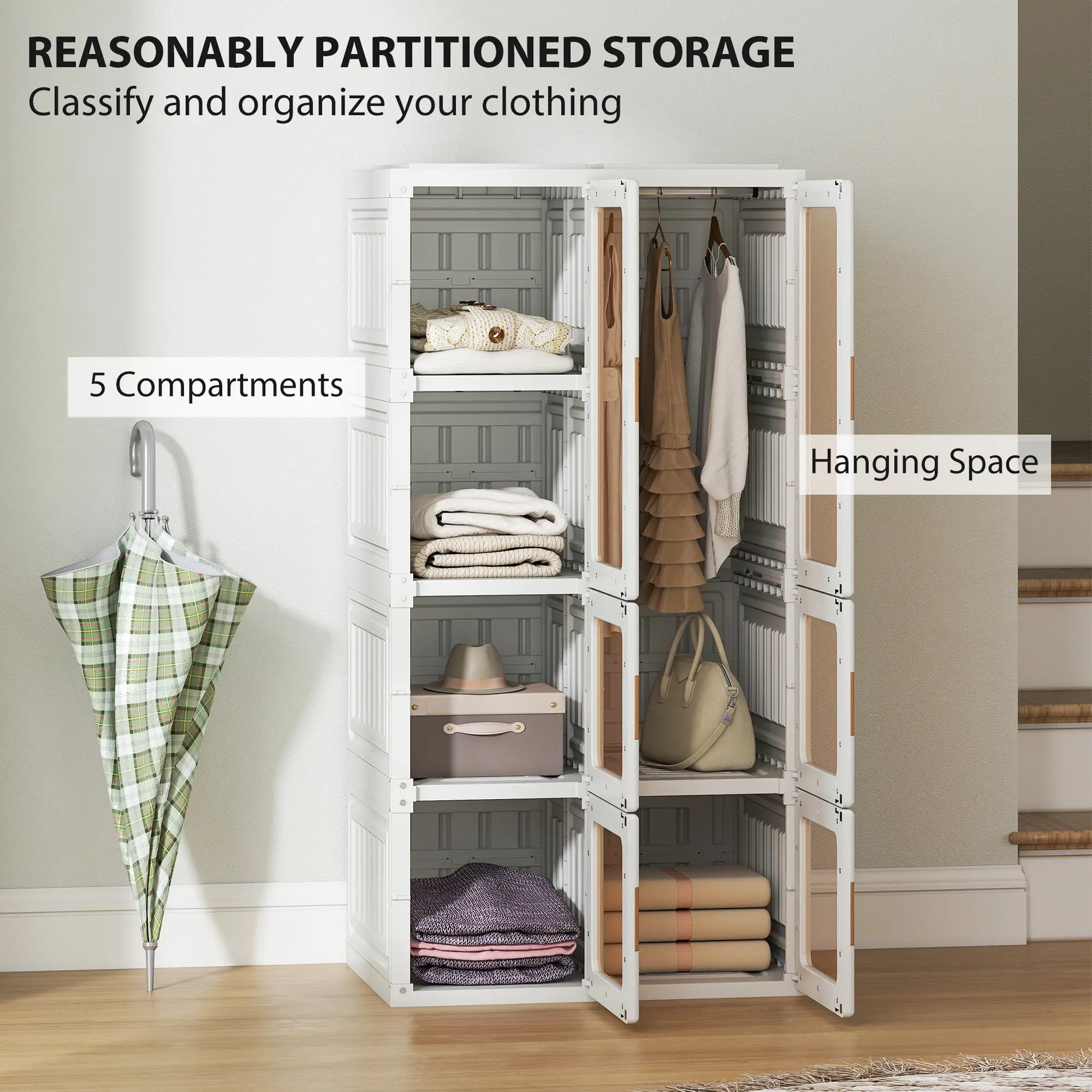Portable Wardrobe, Foldable Plastic Closet, 5 Compartments, Hanging Rod, White Clothing Storage at Gallery Canada