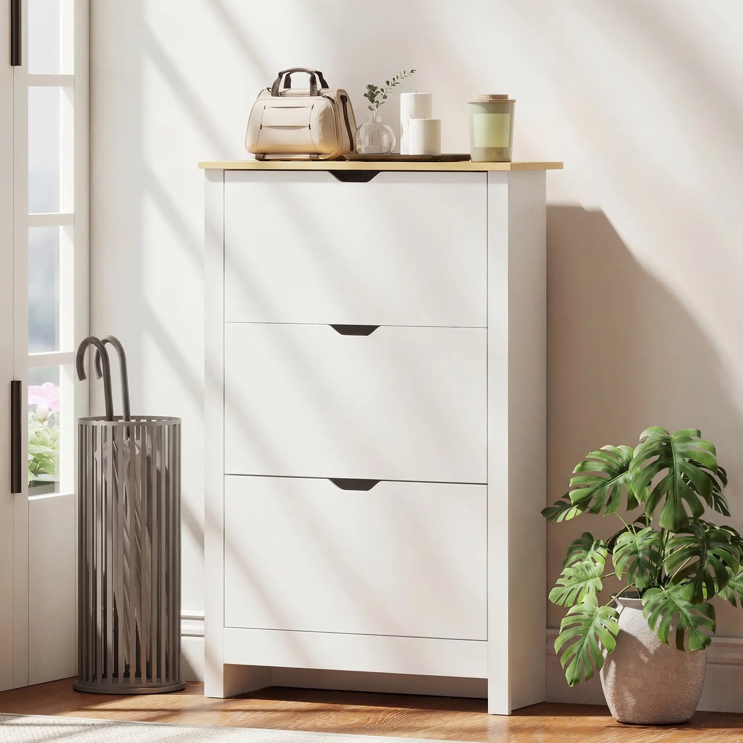 Shoe Storage Cabinet, 3 Flip Drawers, Adjustable Shelves, 9-18 Pairs, White Shoe Storage Cabinets & Racks at Gallery Canada