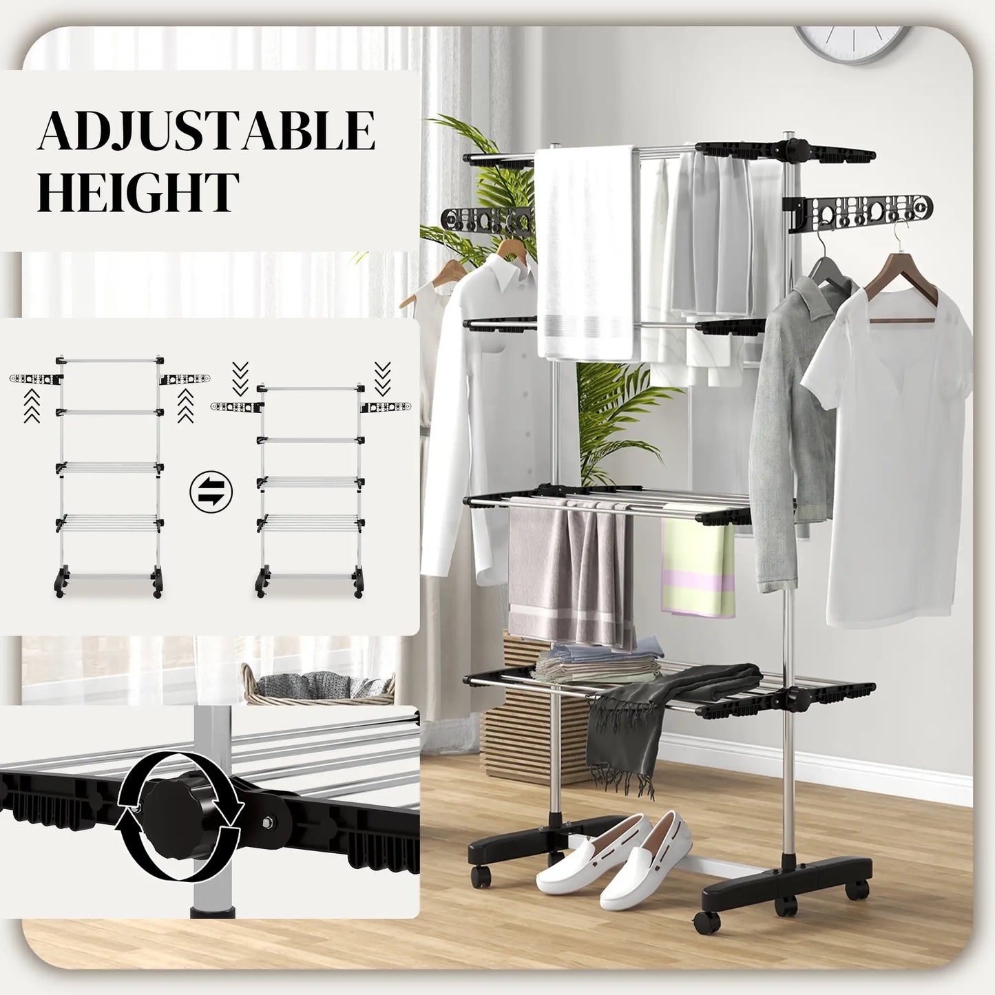 Stainless Steel Folding Clothes Drying Rack, Side Wings, Castors, Indoor Outdoor, Black Bath Accessories at Gallery Canada