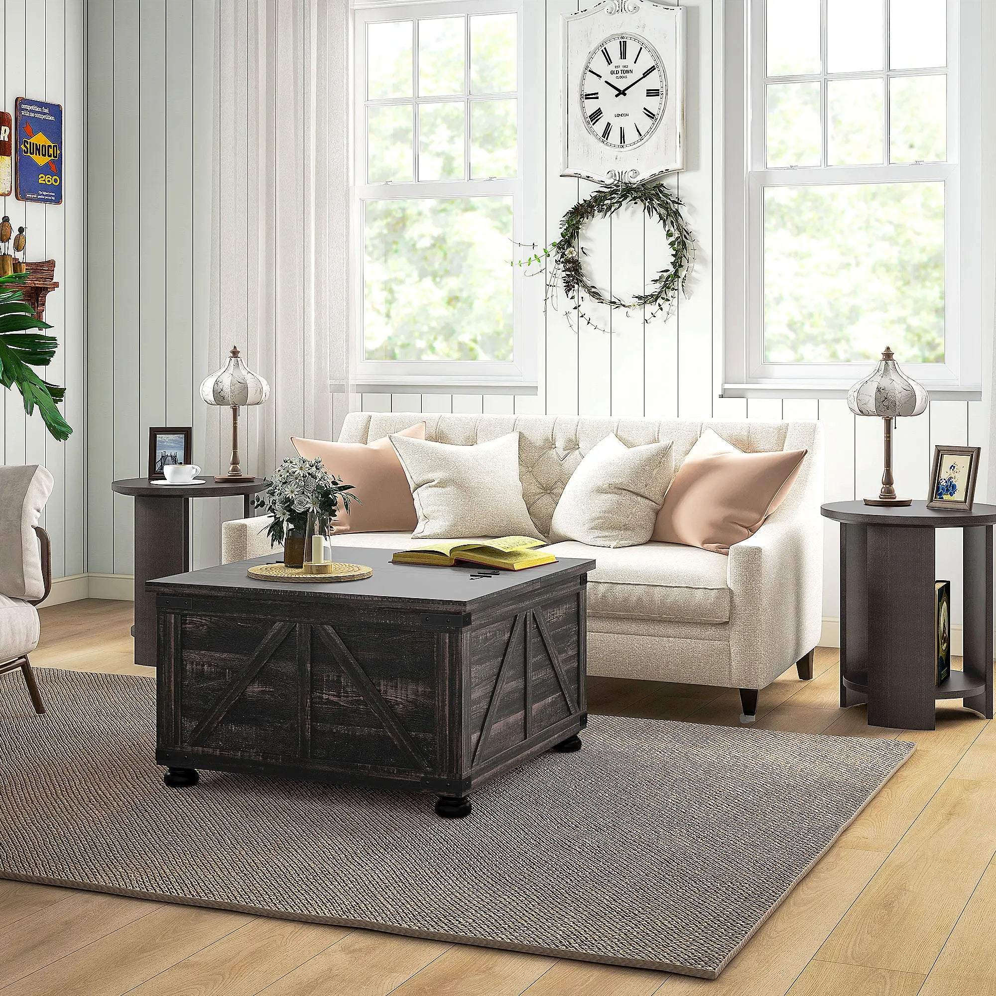 Farmhouse Coffee Table, Square Flip-Top Lid, Hidden Storage, Distressed, Brown Coffee Tables at Gallery Canada