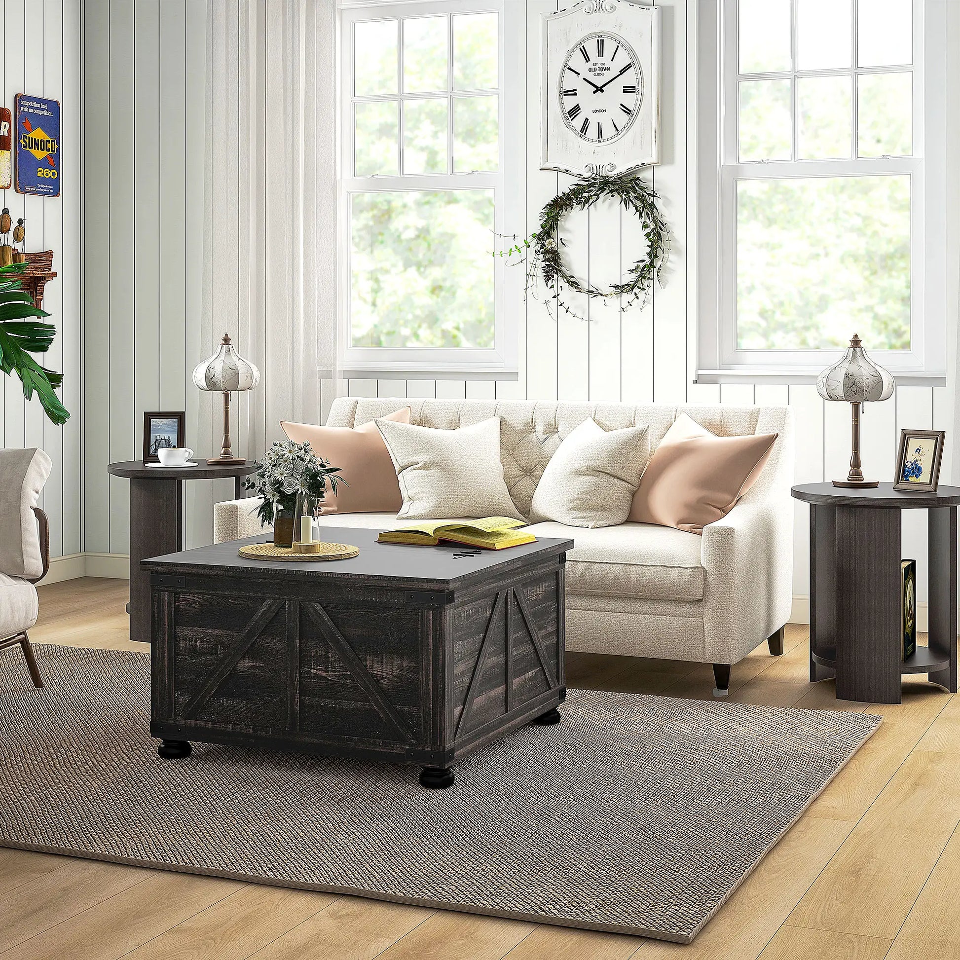 Farmhouse Coffee Table, Square Flip-Top Lid, Hidden Storage, Distressed, Brown Coffee Tables at Gallery Canada