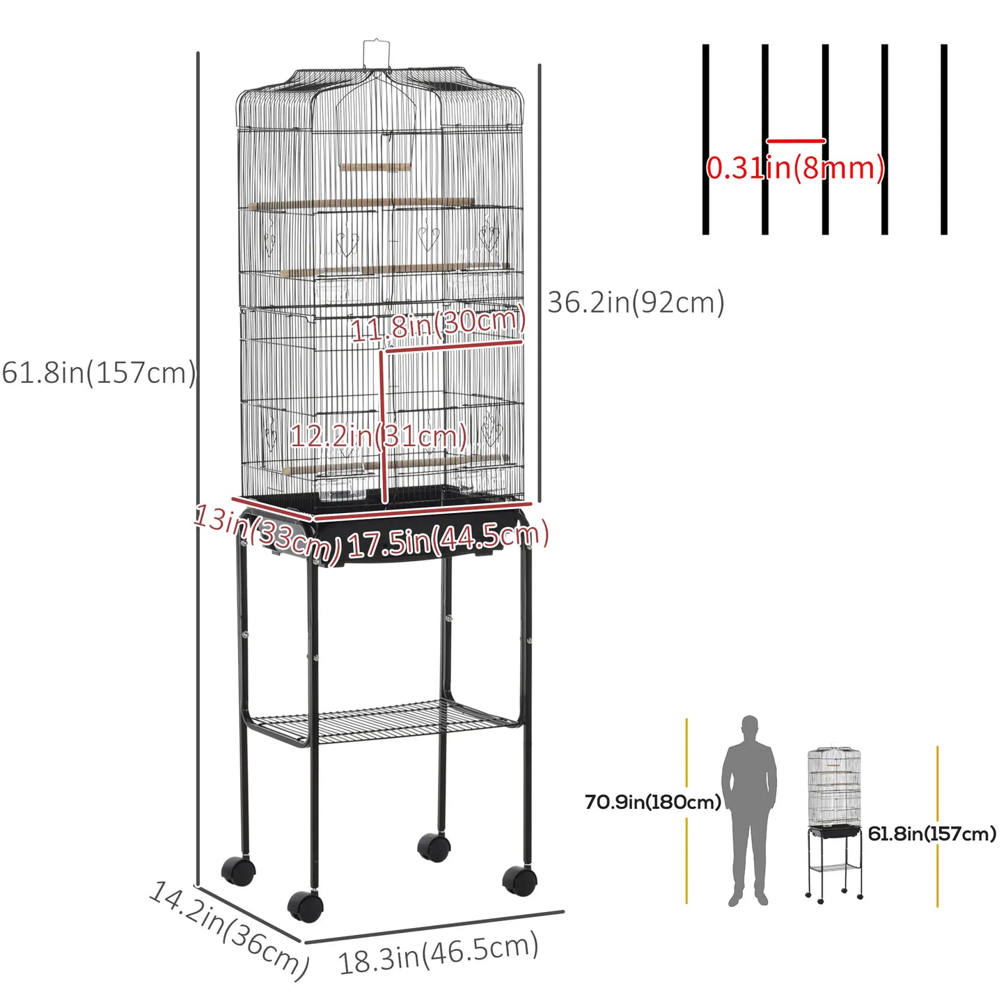 62" Rolling Bird Cage, Cockatoo House, Play Top, Storage Shelf, Wheels, Black Bird Cages at Gallery Canada