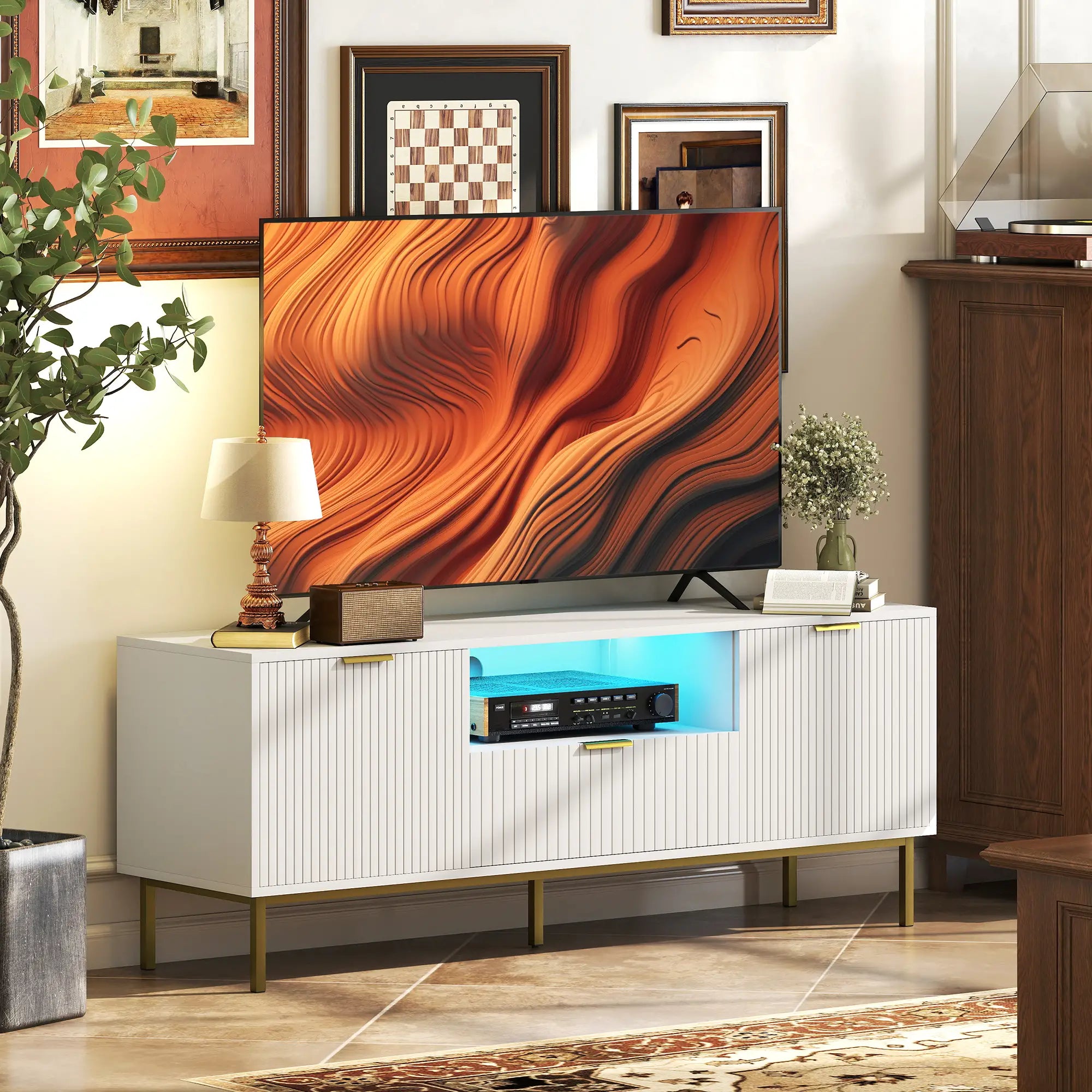 TV Console For 50 Inch TVs, Smart RGB LED Lights, Soft Close Doors, White TV Stands at Gallery Canada
