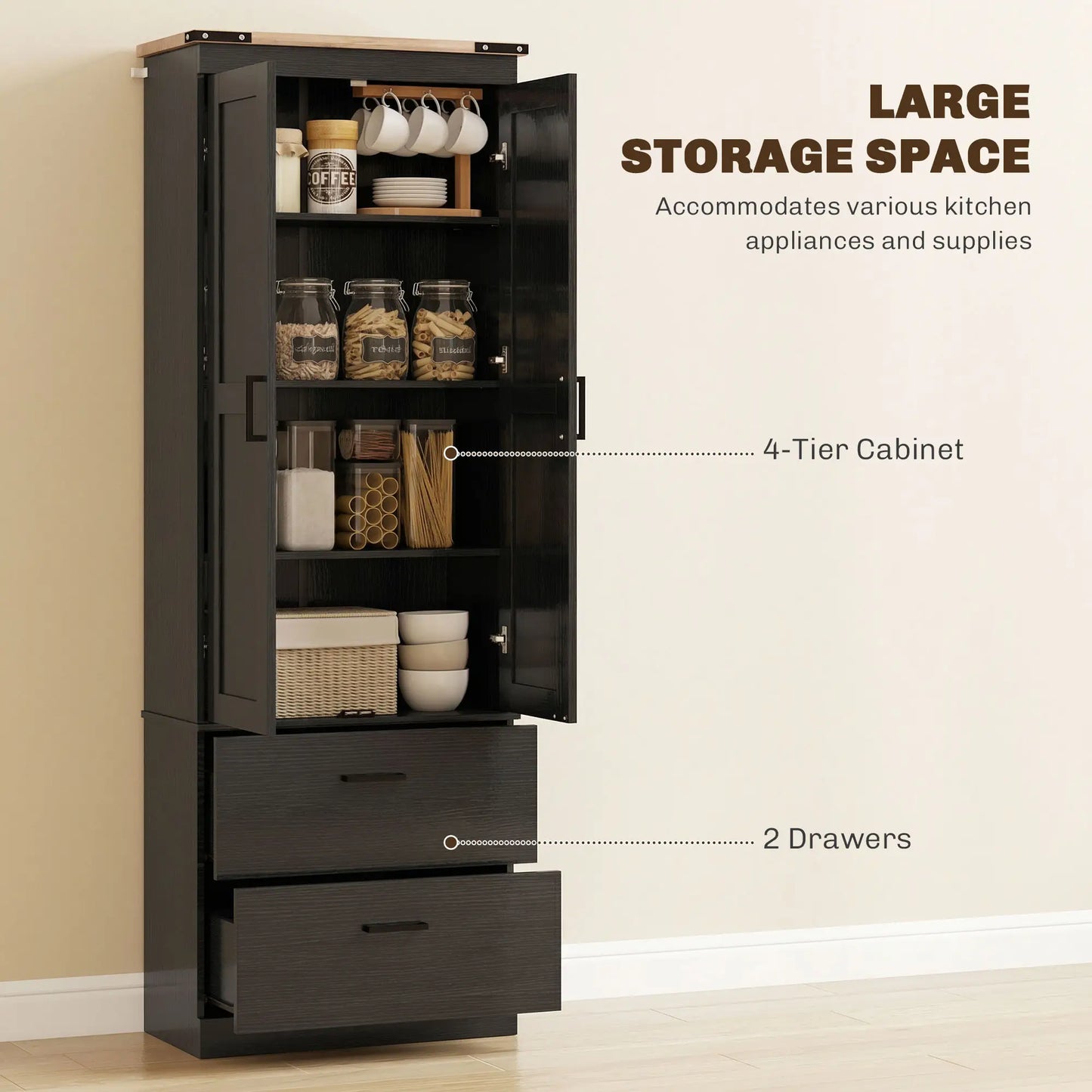 67" Tall Kitchen Pantry Cabinet With Doors, Drawers, Adjustable Shelves, Black Kitchen Pantry Cabinets at Gallery Canada